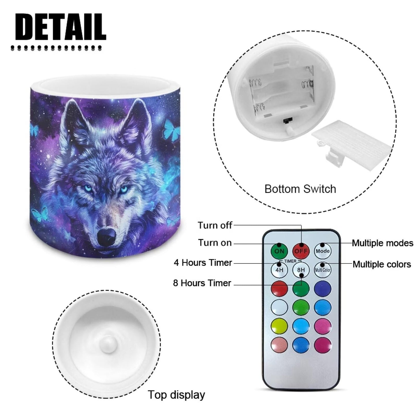 NETILGEN Flameless Candles with Remote Control Timer LED Pillar Candles Set of 4 Battery Operated Candles for Home Living Room Decor Blue Galaxy Wolf Print