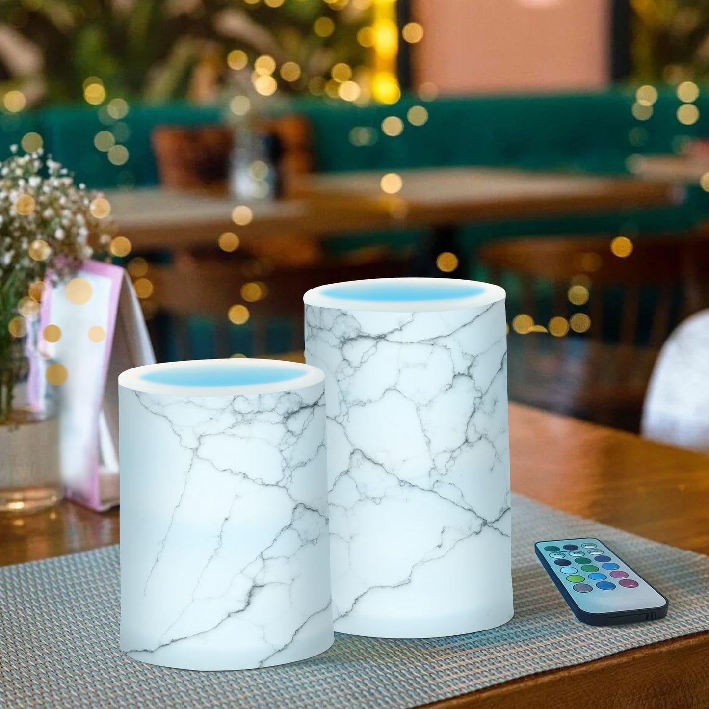 BOENLE Flickering Flameless Candles, White and Black Marble LED Candles with Remote Timer, Set of 2 Battery Operated Candle for Valentine Wedding Birthday