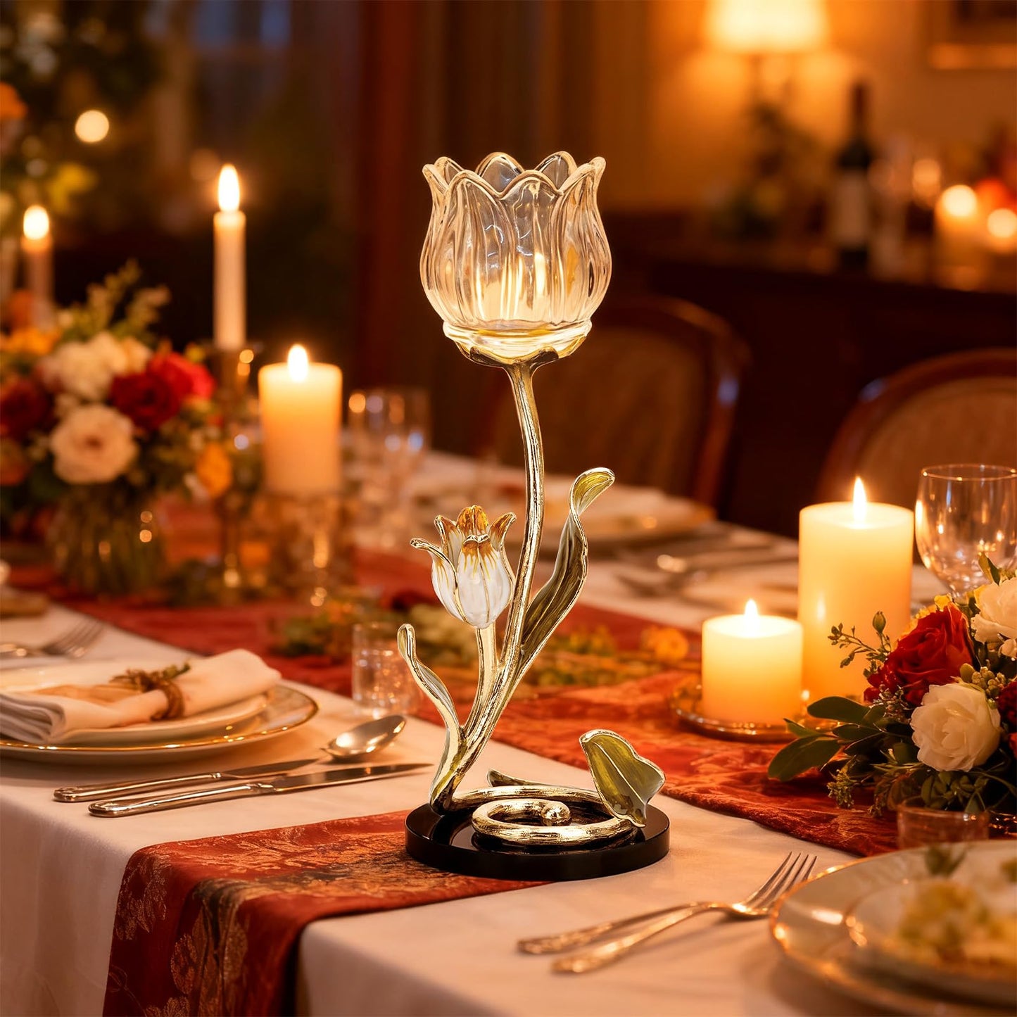 Luxury Crystal Base Glass Flower Candle Holder – Gold Plated Zinc Alloy with Enamel, Romantic Tea Light Holder, French Style Wedding Table Centerpiece, Home Decor