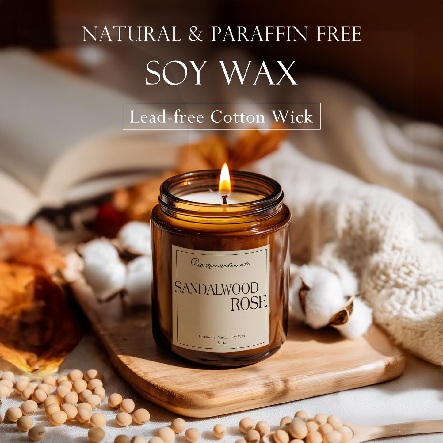Putart Sandalwood & Rose Scented Candles for Home, Natural Soy Wax Aromatherapy Santal Rose Candle Gifts for Men & Women, Highly Scented & Long Lasting Non Toxic Jar Candle for Stress Relief (9oz)