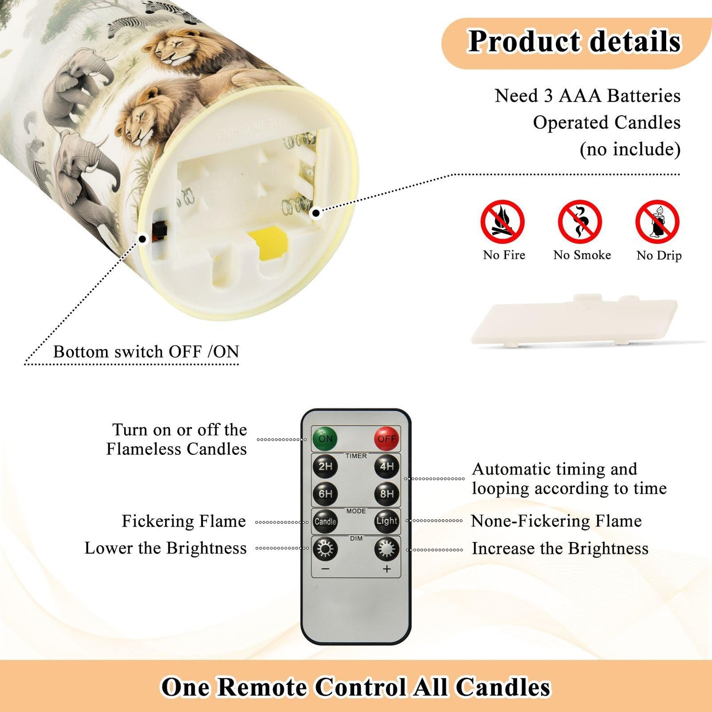 Gravopti Safari Animals 2 Pack Flameless LED Pillar Candles with Remote & Timer, Battery Operated, Flickering Wax Candle for Wedding, Romantic Home & Party Decor