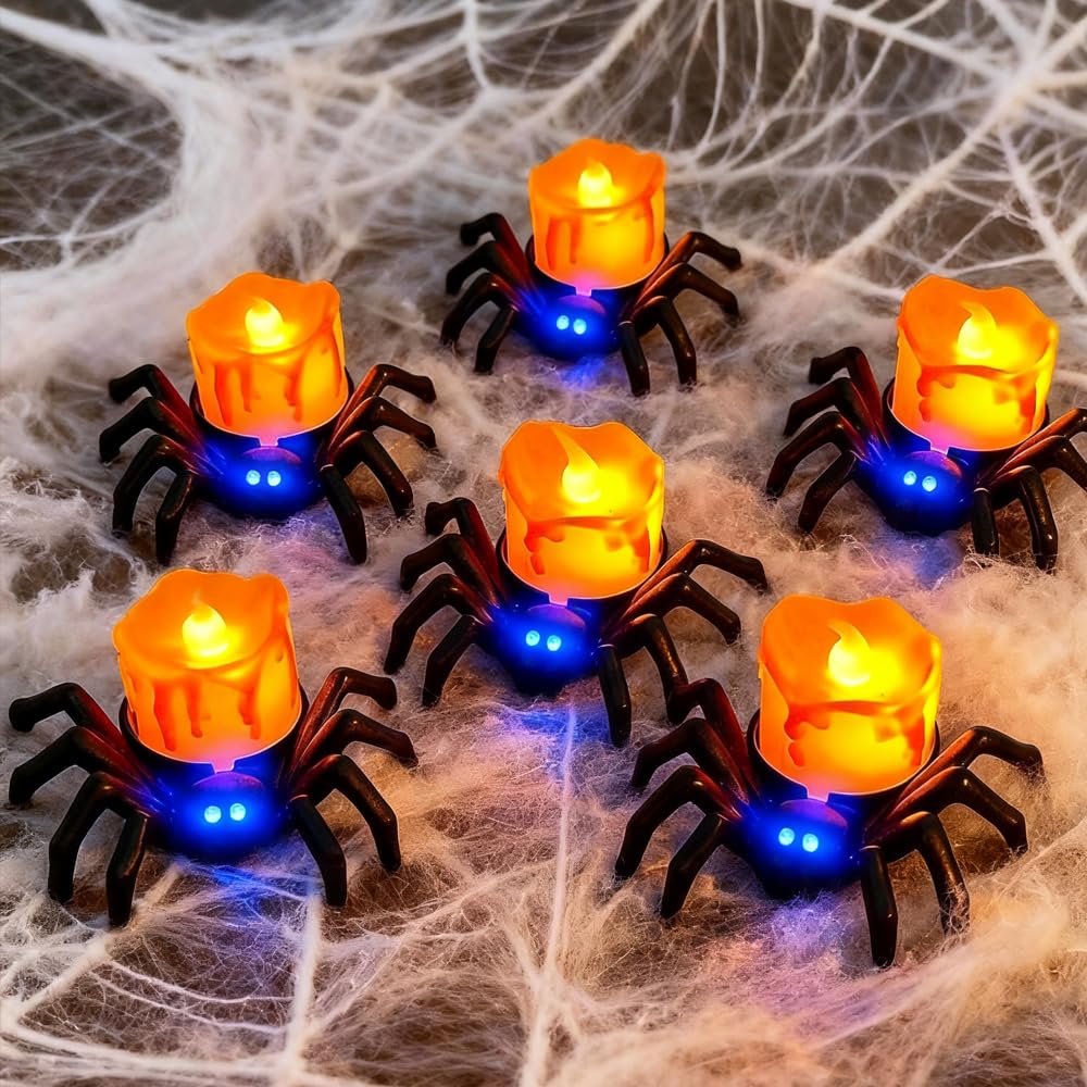 6 Pack Halloween Flameless LED Candle Lights, 3D Spider LED Tealight Candles with Bright Warm Yellow&Purple Light, Battery Operated Led Decorative Candle Lights for Home, Halloween, Christmas Decor