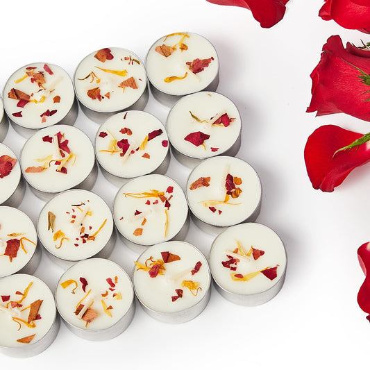 16 Pack Rose Tealight Candles with Real Dried Petals, Natural Soy Wax, 6-Hour Burn Time for Home, Wedding or Bath Decor