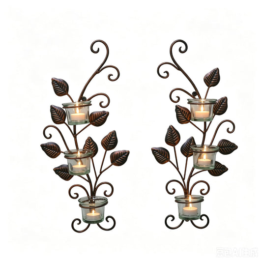Vintage Wall Sconces Set of 2 – Bronze Metal Tea Light Candle Holders with Glass Cups, Rustic Farmhouse Wall Decor for Living Room, Bathroom, Dining Room, Handmade Curling Vine & Leaf Design (Leaf)