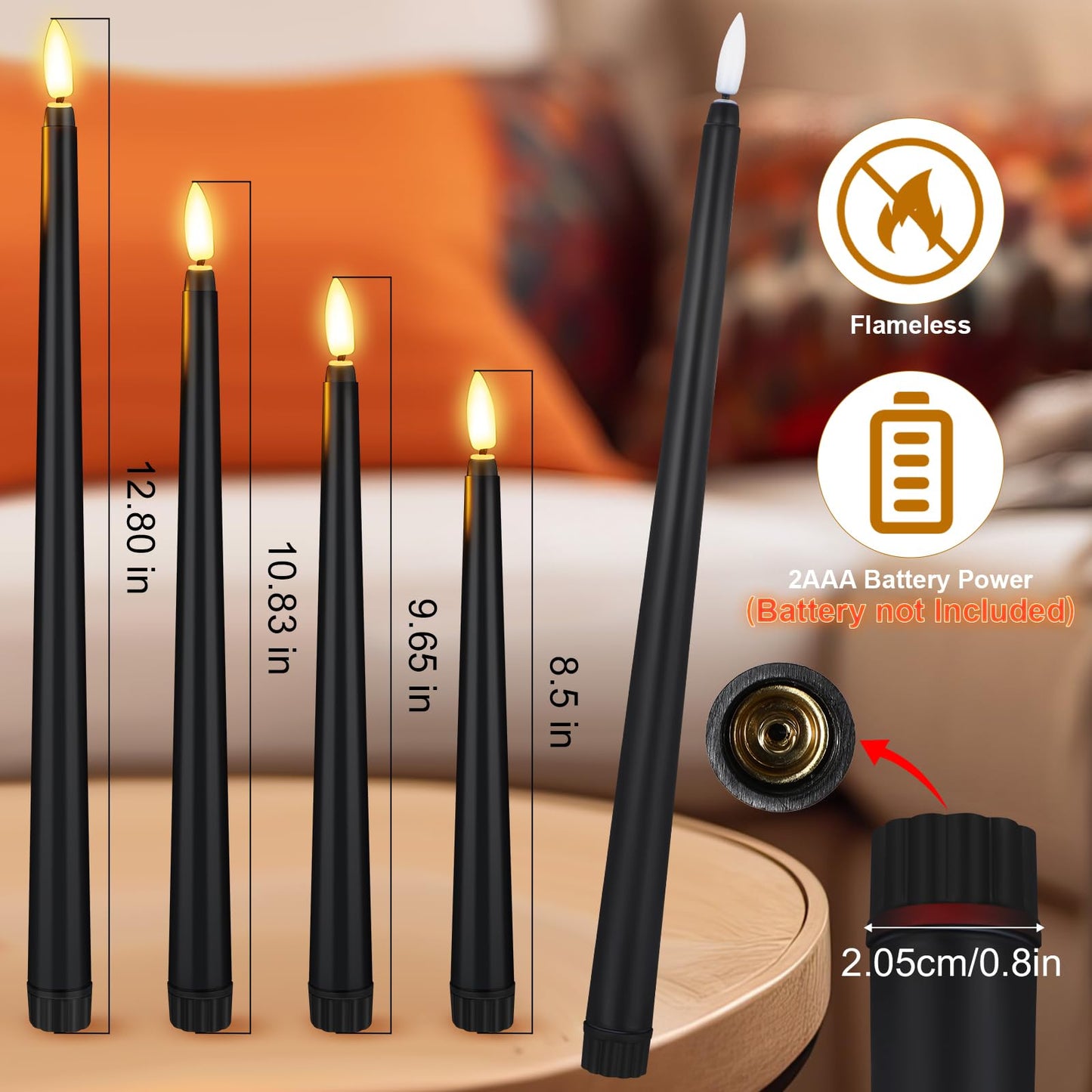 Rossesay 48 Pcs Flameless LED Taper Candles Battery Operated Candles 4 Sizes of 8.5'', 9.65'', 10.83'', 12.8'' Flameless Candlesticks Flickering for Halloween Christmas Church Wedding(Black)