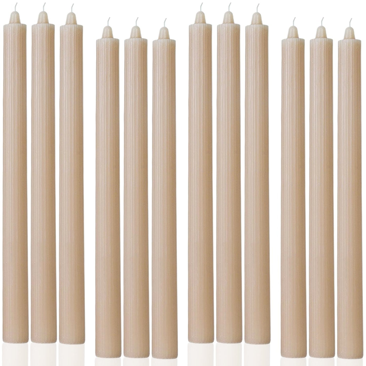 LPUSA Sahara Beige Taper Candles Ribbed Dripless Tapered Candles Ideal as Dinner Candle Smokeless and Unscented Candle Sticks Long Burning,10.5 inch,Set of 12