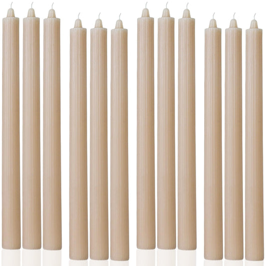 LPUSA Sahara Beige Taper Candles Ribbed Dripless Tapered Candles Ideal as Dinner Candle Smokeless and Unscented Candle Sticks Long Burning,10.5 inch,Set of 12