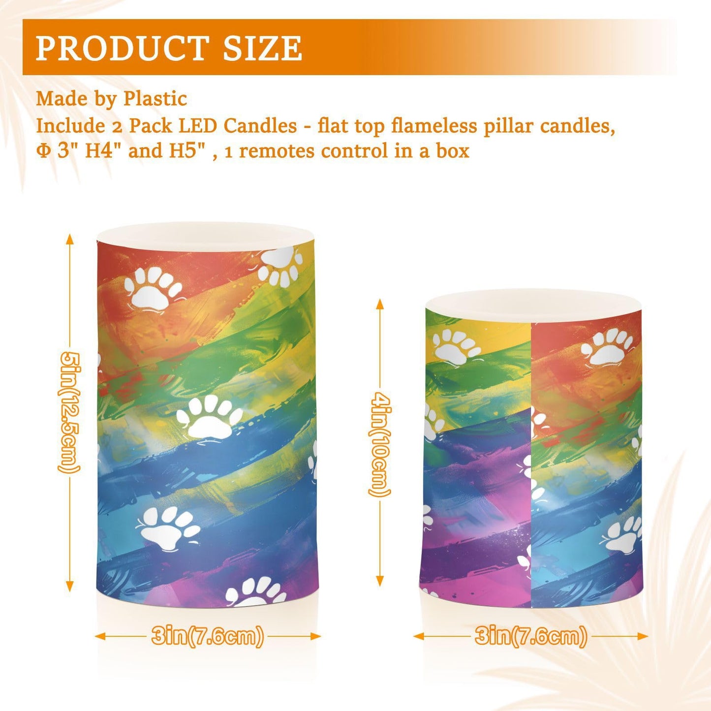 Animal Dog Cat Paw Prints on Rainbow02 Flickering Flameless Candles Battery Operated with Remote Timer,Tea Light Candles LED Pillar Votive Candles Set of 2 for Outdoor Indoor Decorations