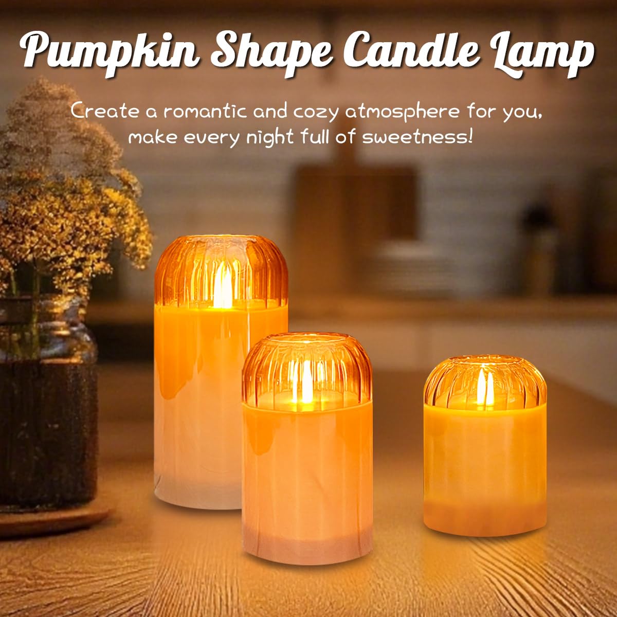 NICE POINT 3Pcs LED Candle Set Rechargeable with Remote Control,Gold Glass Flameless Candles,Candle Lights for Home Decor, Bedroom, Bathroom Accessories，Pumpkin Fake Candles for Halloween