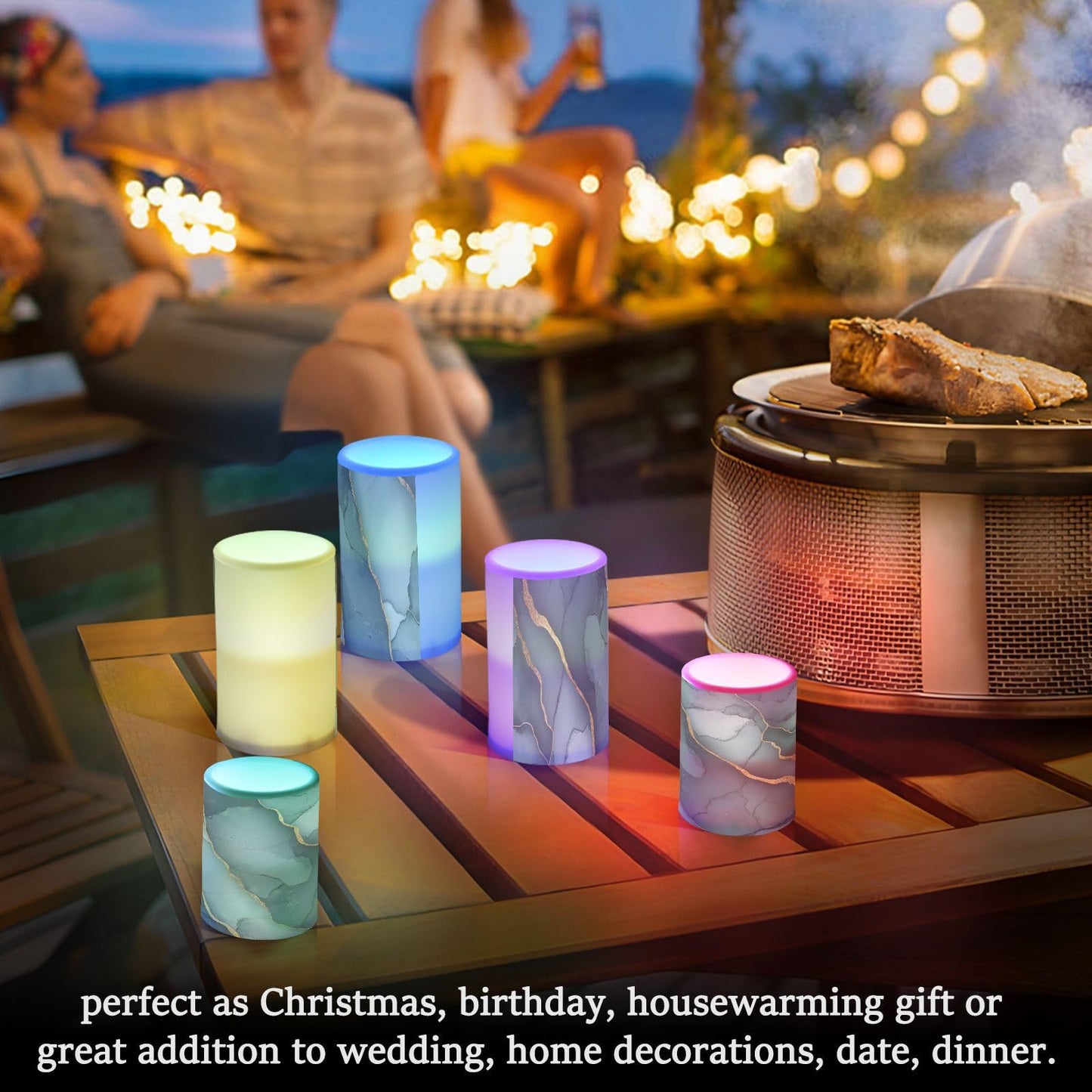 Flameless Pillar Candles Battery Powered Flameless Candle Lantern for Outdoor Marble Green Grey