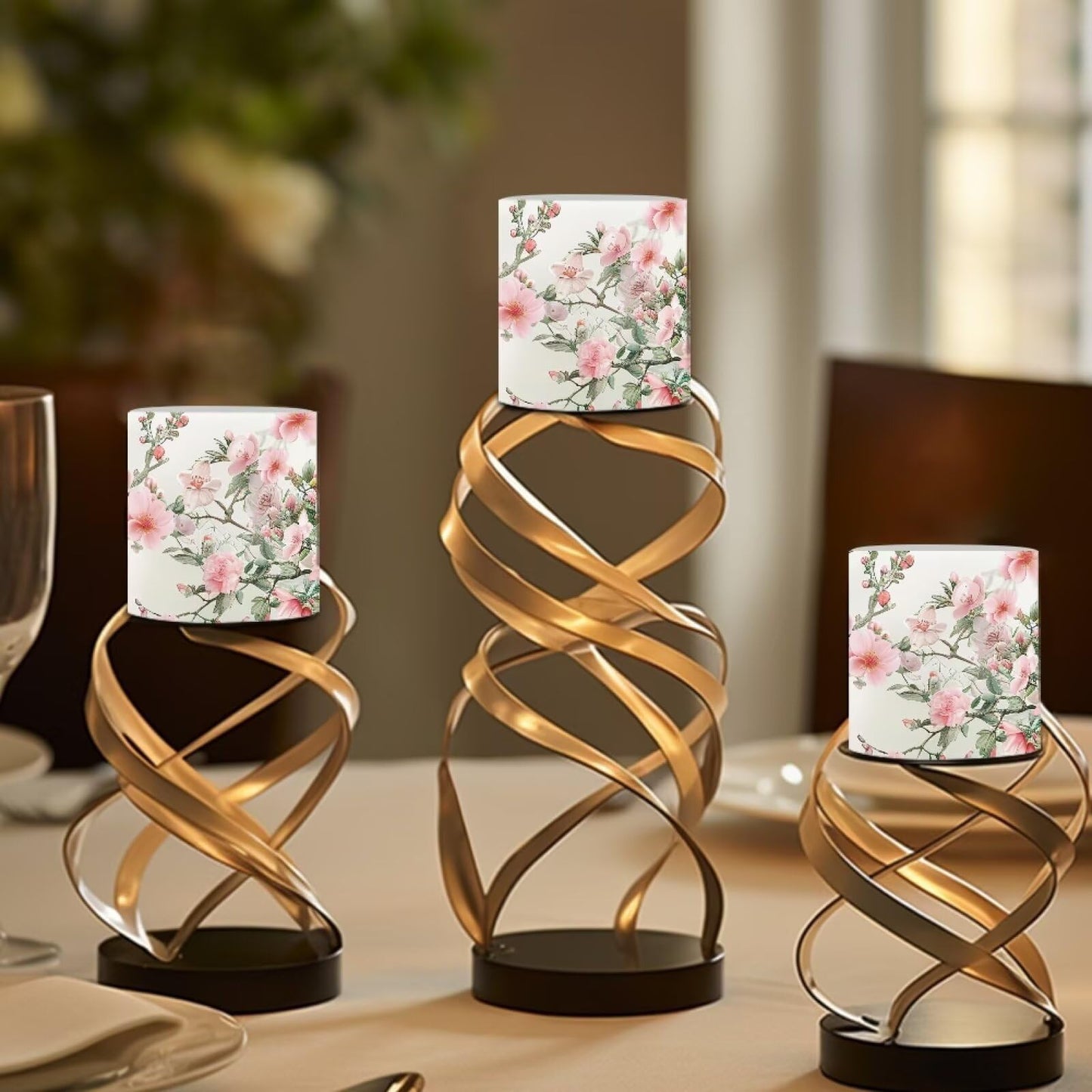 NETILGEN Flickering Flameless Candles with Remote Timer Control Pack of 4 Battery Operated LED Pillar Candles 3 inch Flameless LED Candles Pink Flowers Print