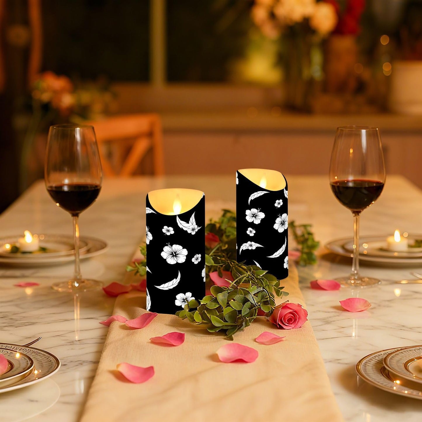 Gravopti Black White Hibiscus 2 Pack Flameless LED Pillar Candles with Remote & Timer, Battery Operated, Flickering Wax Candle for Wedding, Romantic Home & Party Decor
