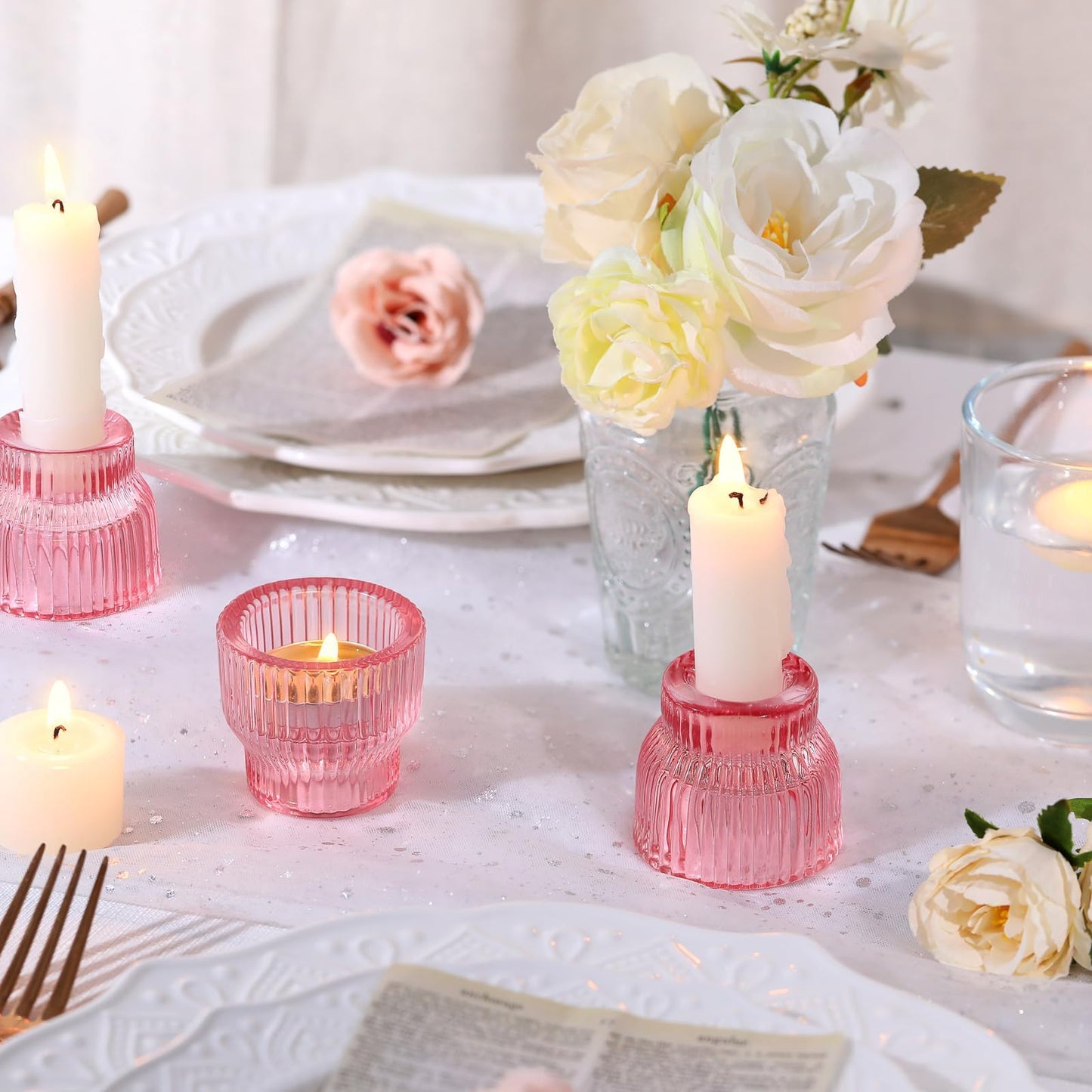 HAVITI 12 Pack PinkTaper Candle Holders, Glass Candlestick Holders, Tea Light Candle Holder for Fall Wedding Centerpieces Table Decorations, Votive Candle Holders for Table Decor