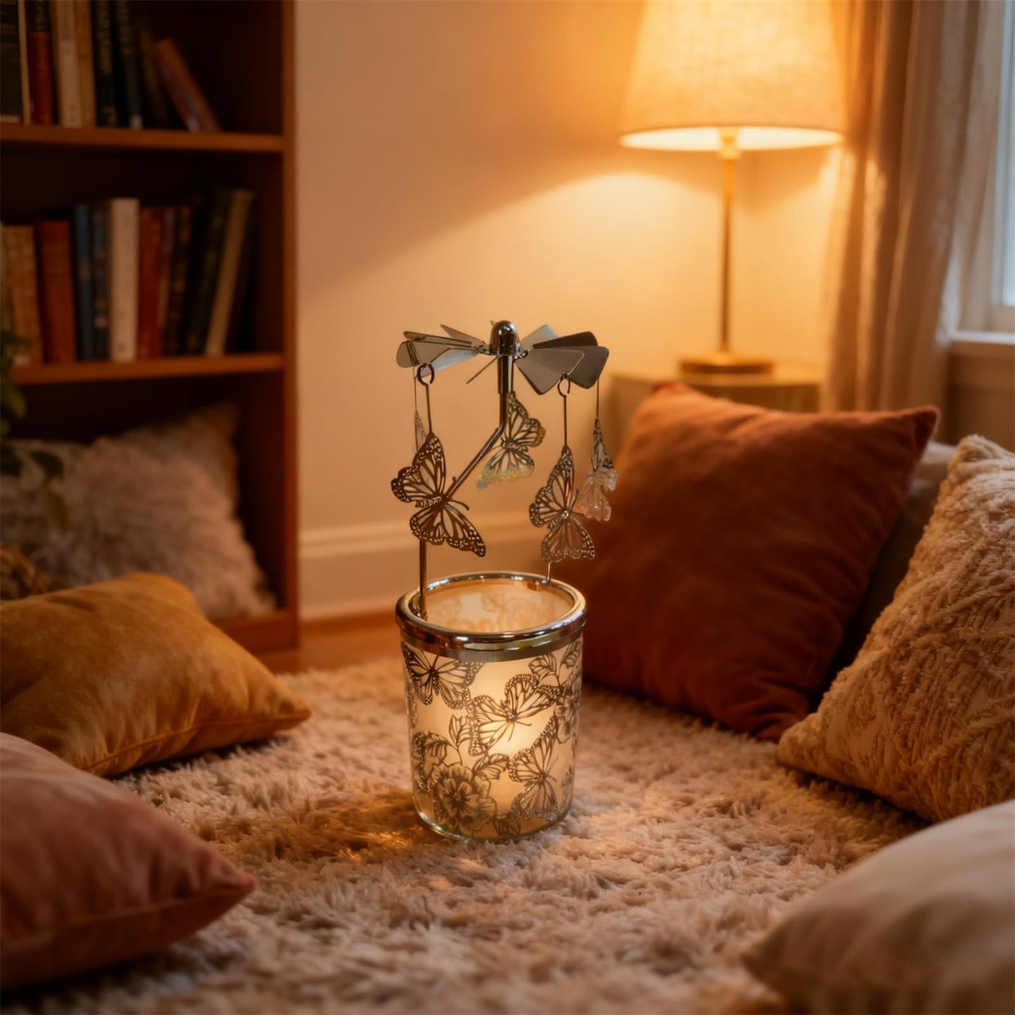 Carousel Rotary Candle Holder Spinning irthday Gifts for Women, Mom, Wife, Girlfriend, Sister, Her, Metal Windmill Tea Light for Female Friends, (Silver Butterfly)