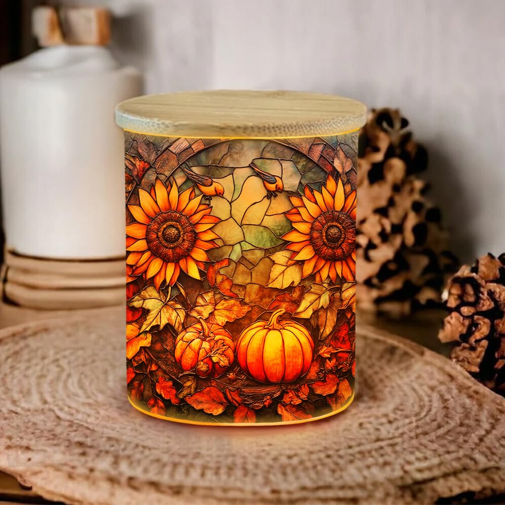 Pumpkin Sunflower Stained Glass Tealight Candle Holder, Autumn Harvest Decorations Candle Jar Tea Light Holder, Tealight Holders Candlesticks Gift for Halloween Christmas Thanksgiving, 3.5x2.8in