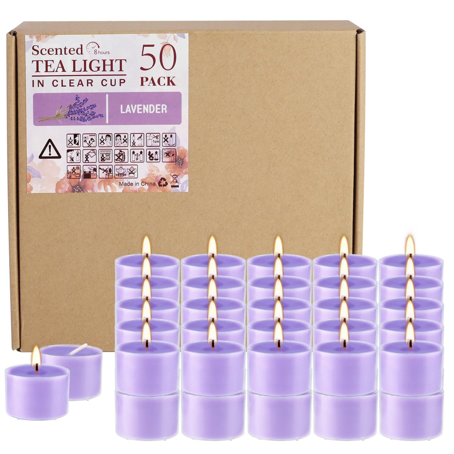 Wfmolcand 50 Pack Bulk Lavender Scented Tealight Candles in Clear Cup, Purple Wax Votive Candle for Birthdays Weddings Churches Anniversaries & More（8 Hour）