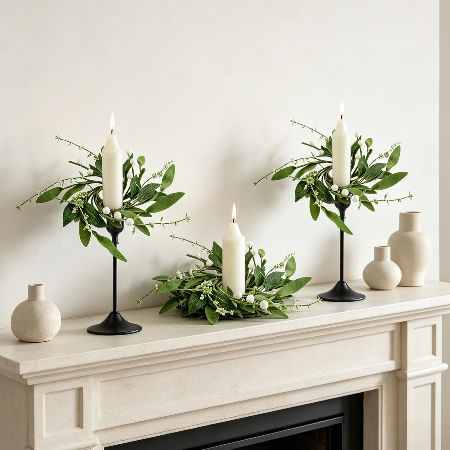 6 PCS 1.38" Mini Spring Summer Taper Candle Ring Mini Green Eucalyptus Candle Rings for Tapers Small Artificial Greenery Candle Holder Wreaths for Table Centerpieces Home Farmhouse Candlesticks Decor