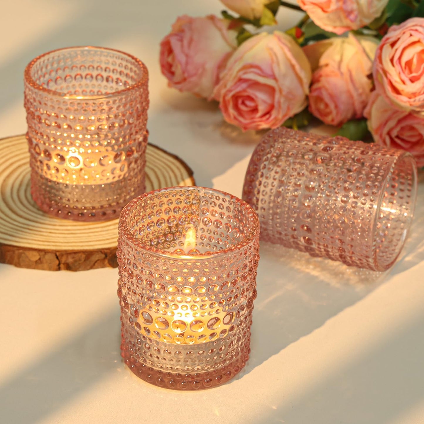 SUPMIND 24 Pcs Votive Candle Holders, Glass Holders Bulk for Table Centerpiece, Tea Lights Candle Holders for Wedding Shower, Party and Home Decor Pink