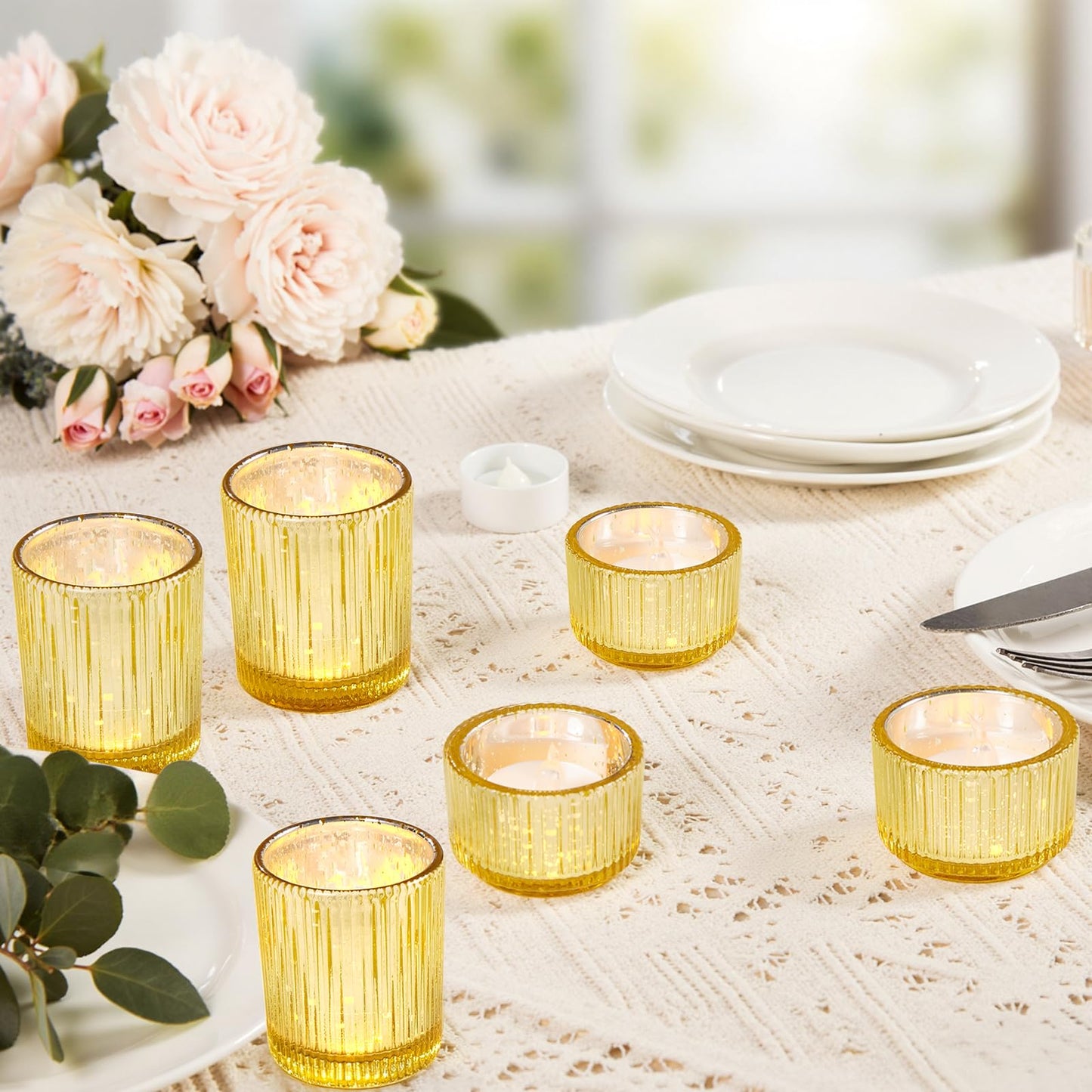 IMAGE Votive Gold Candle Holders, Elegant Glass Tea Light Holder for Weddings, Diwali, Home Decor, Shower, Party & Gift (12)