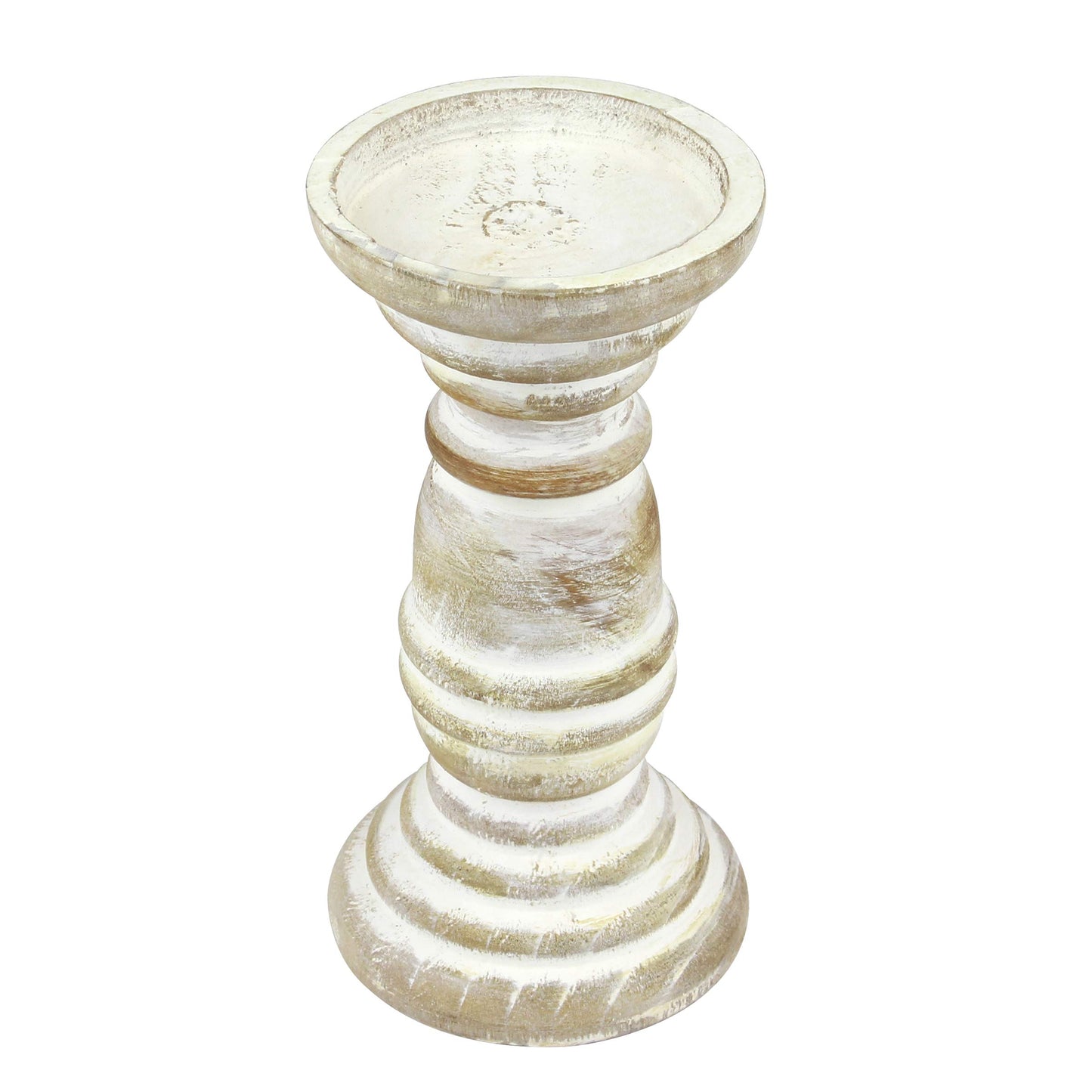 Stonebriar Decorative Worn White Wooden Pillar Candle Holder, Coastal Home Decor, Ocean Inspired Designs for Wedding Decorations, Parties, or Everyday Home, Large 8 Inch