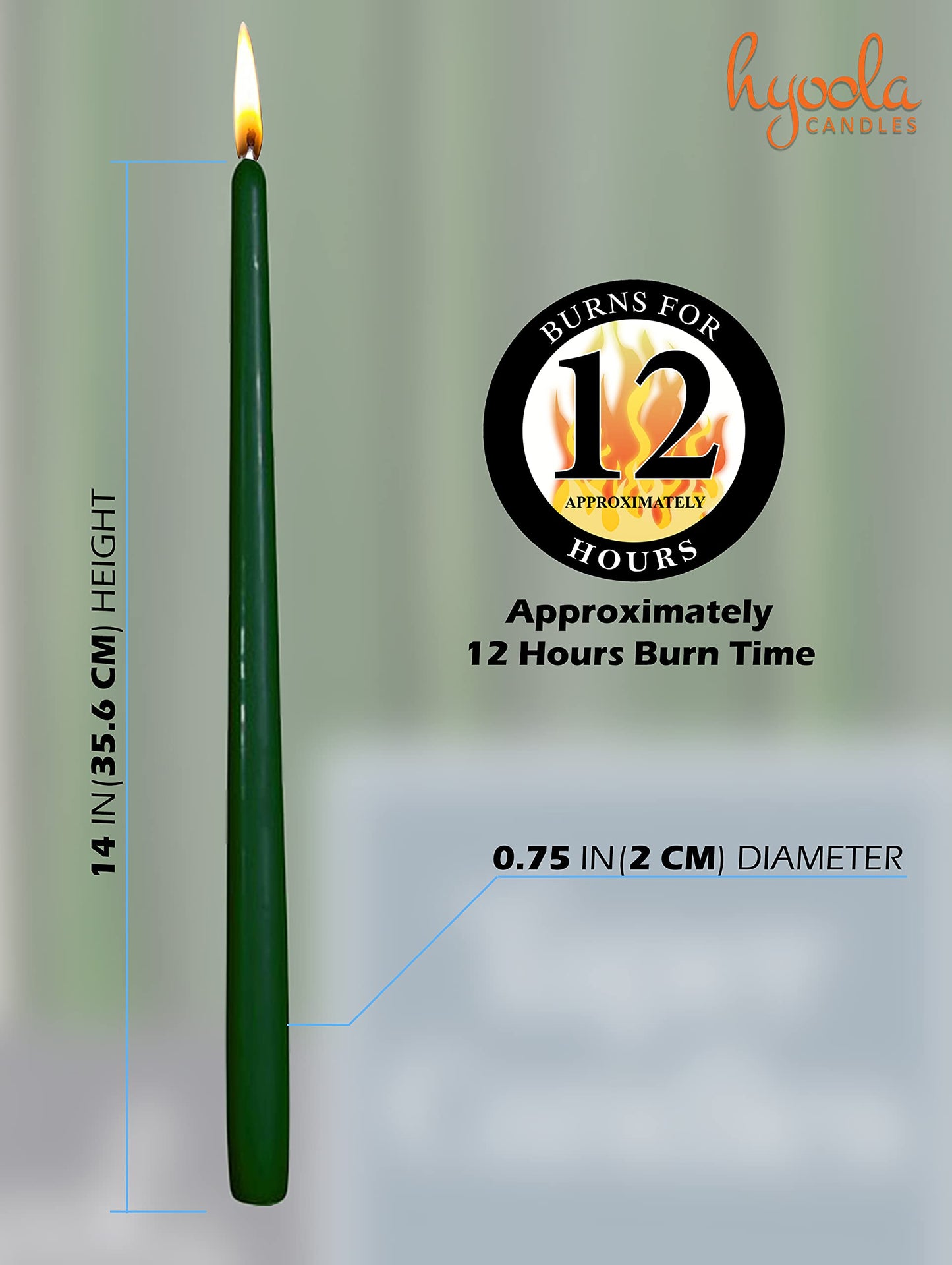 Hyoola 12 Pack Tall Taper Candles - 14 Inch Hunter Green Dripless, Unscented Dinner Candle - Paraffin Wax with Cotton Wicks - 12 Hour Burn Time
