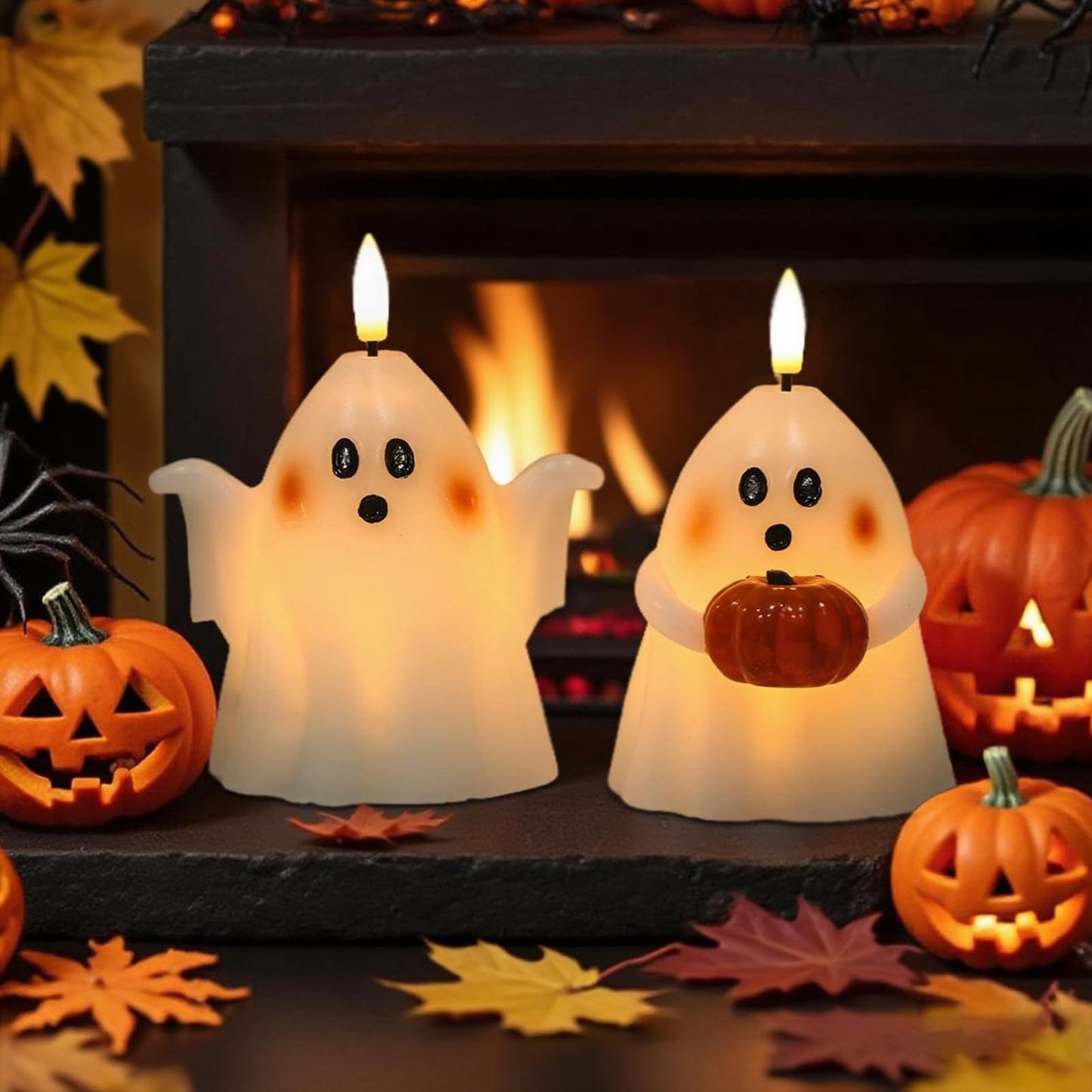 Eldnacele Spooky Ghost Halloween Flameless Candles with Timer Set of 2 Battery Operated LED Pillar Candles Ghost Light Real Wax 3D Wick Flickering Long Lasting Home Indoor Decor(3.5" D x5 H)