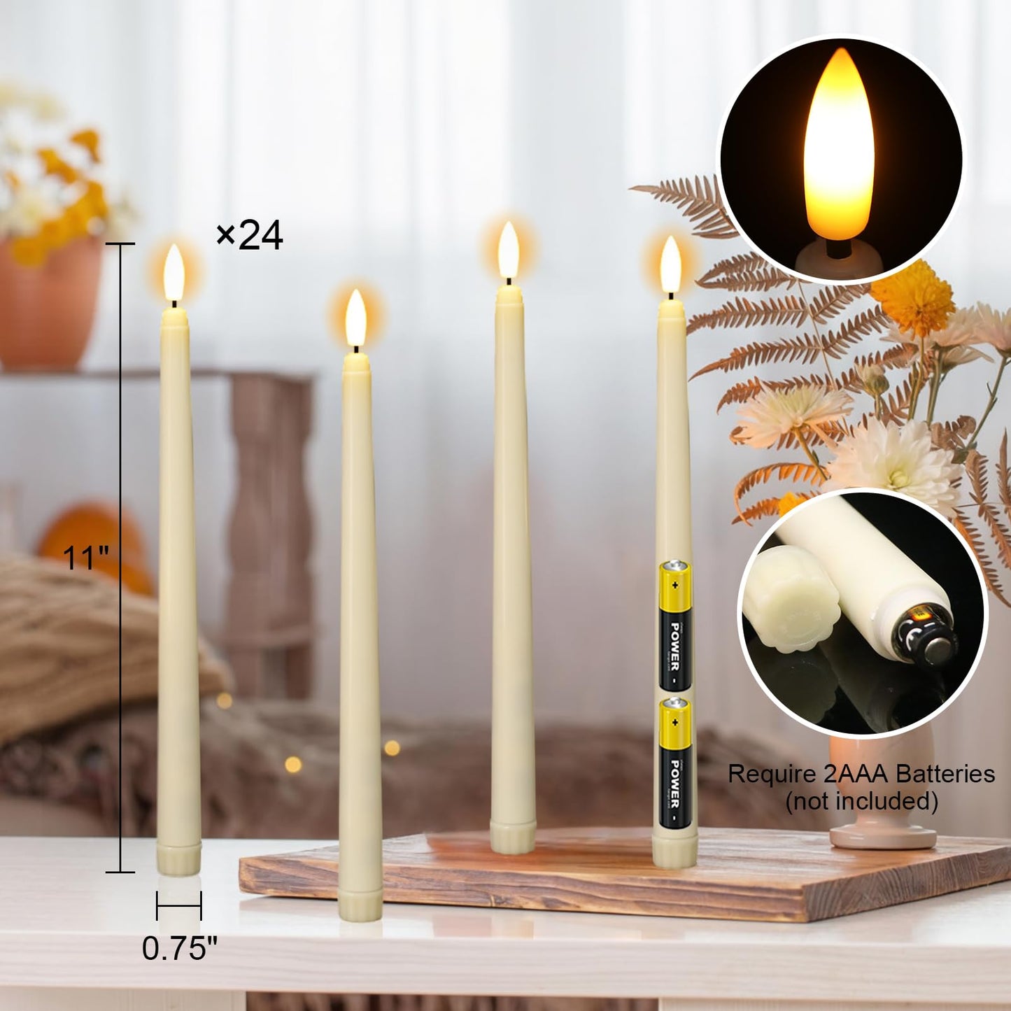 Wondise 24 Pack Flameless Taper Candles, No Remote, Realistic Flickering Battery Operated Candlesticks, Ivory LED Plastic Candles Safe for Weddings, Table Decor, Christmas and Halloween Decoration