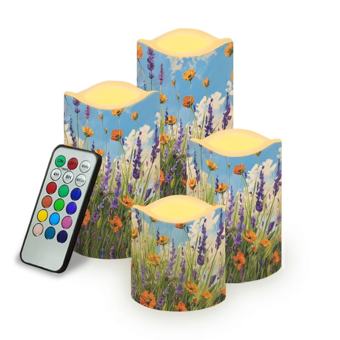Cozeyat Meadow Floral Flameless Candles 4 Pack Battery Operated LED Pillar Candles with Remote Control Timer Color Changing for Wedding Birthday Home