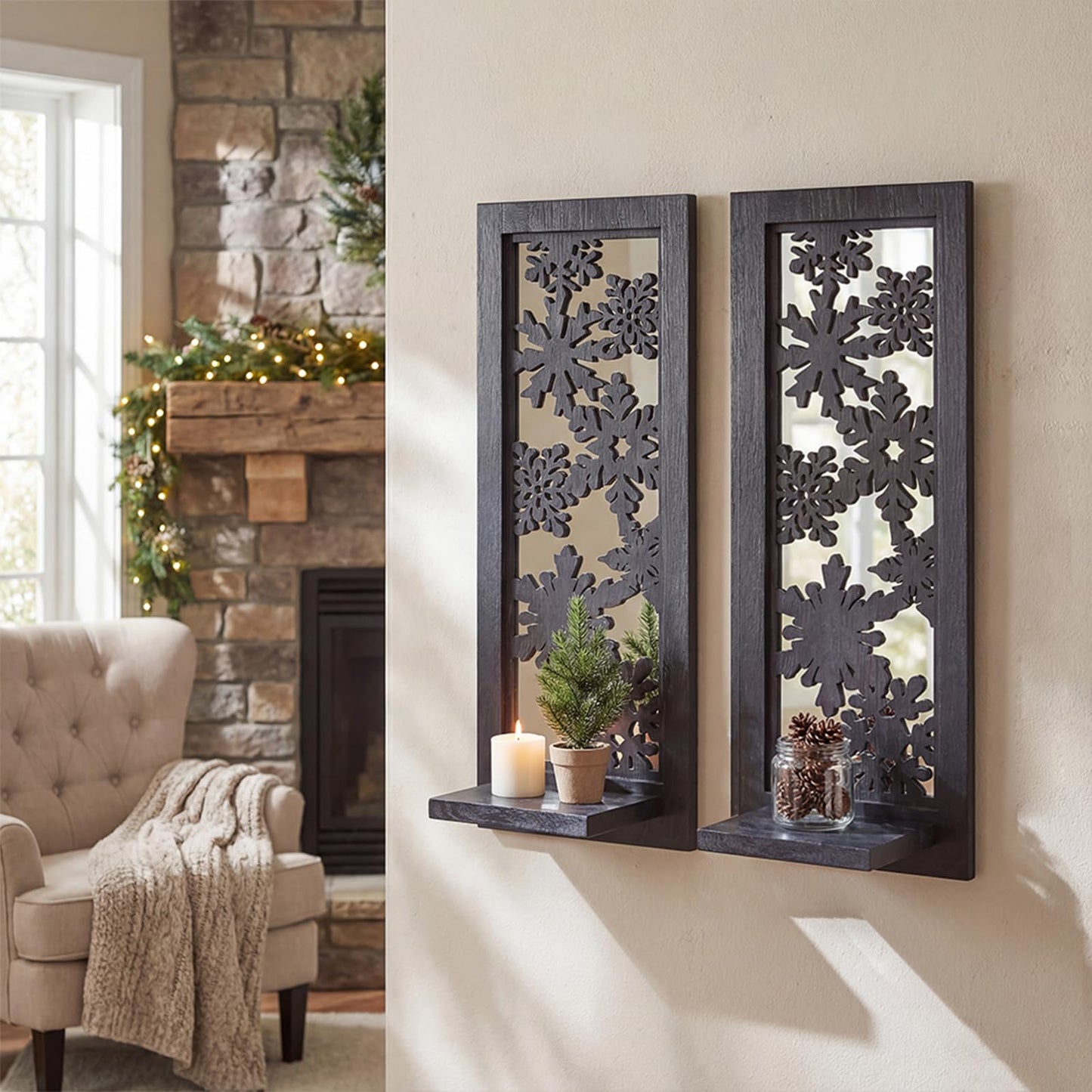 ZEXUIRU 2 Set Rustic Candle Sconces Living Room Bedroom Entryway Wood Mirrored, Farmhouse, Carved Frame Wall-Mount Wooden Candle Holders Wall Decor Hanging Handmade Holder - Black