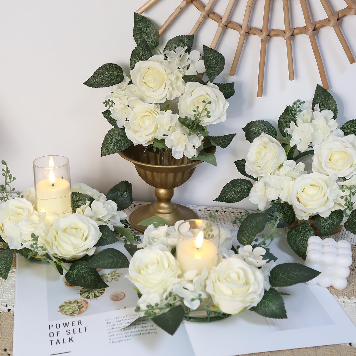 UUXX 4PCS Candle Rings, Floral Candle Wreath Rings, Silk Roses Hydrangea Flowers Candle Wreaths Rings for Table Centerpieces Wedding Valentine's Day Party Decor (Cream White)