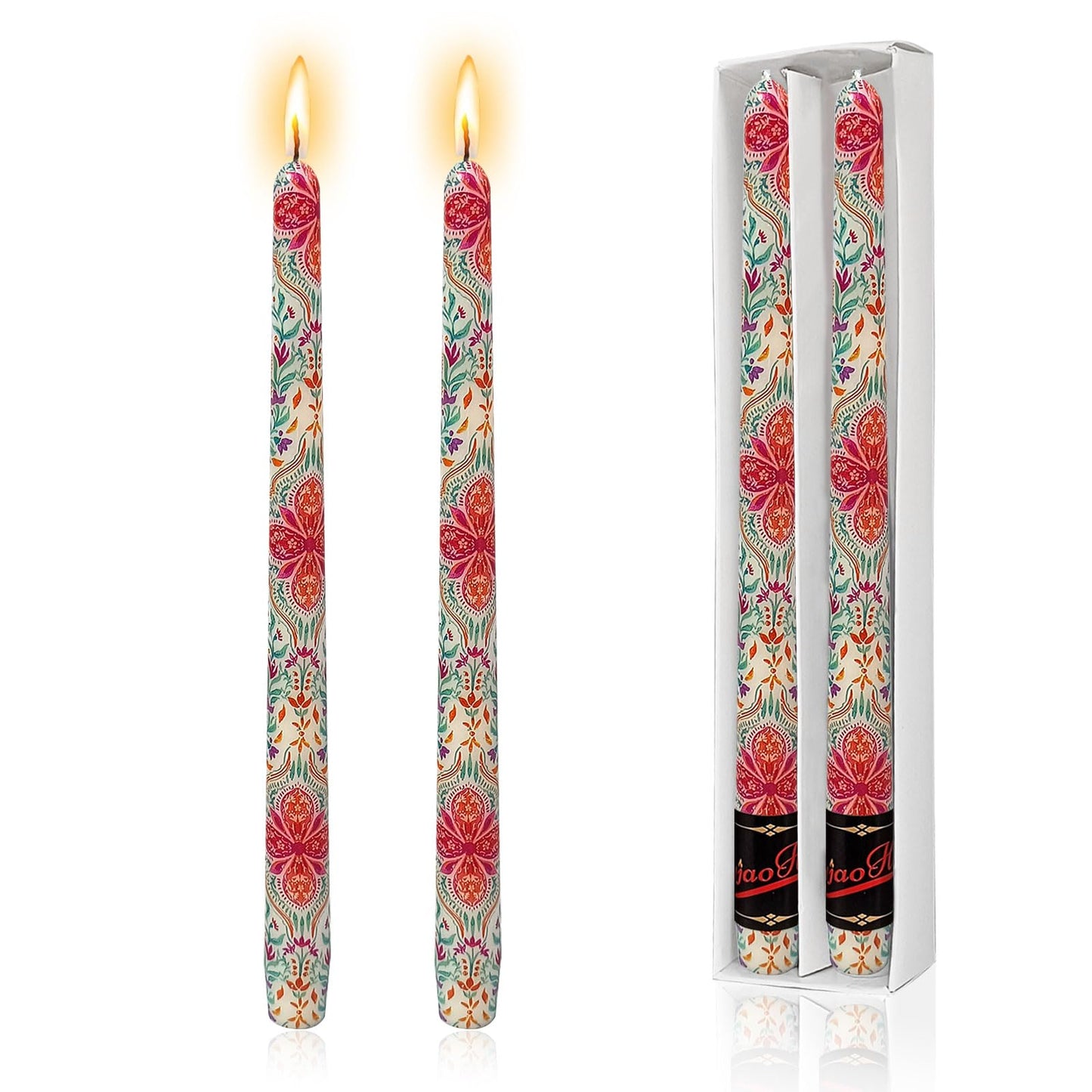 NJAO HOO Floral Candlesticks 10 in Straight Taper Candles Bohemian Hand Printed Candlesticks Tall Tapered Candle for Nordic Home Decor Simple Modern, 2Pcs