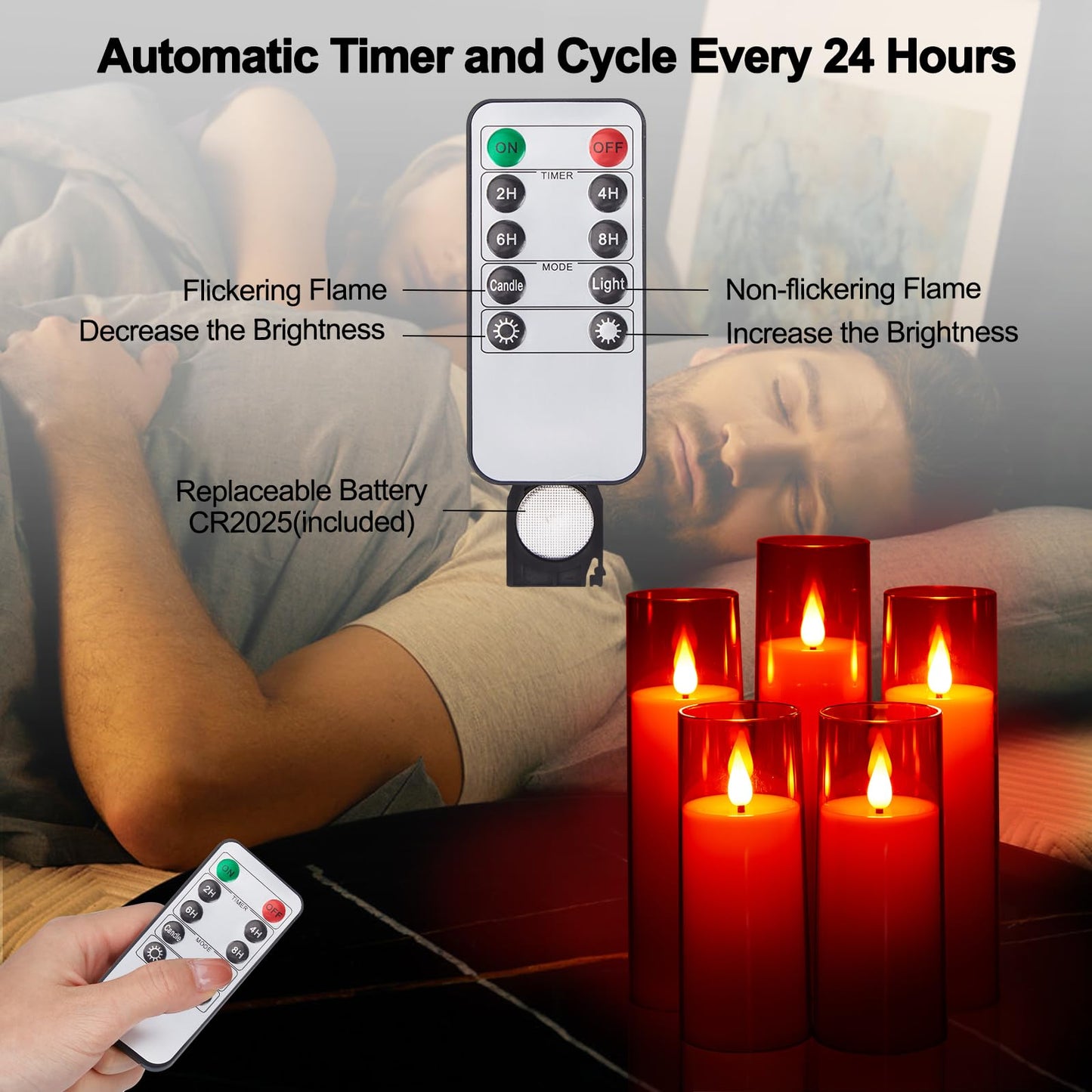 IMAGE Flickering Flameless Candles Battery Operated, Acrylic Shell Pillar 3D Wick LED Candles with 10-Key Remote Control Timer for Wedding Christmas Home Decor Set of 5 (D2.3 in X H5 5 7 7 8 in), Red