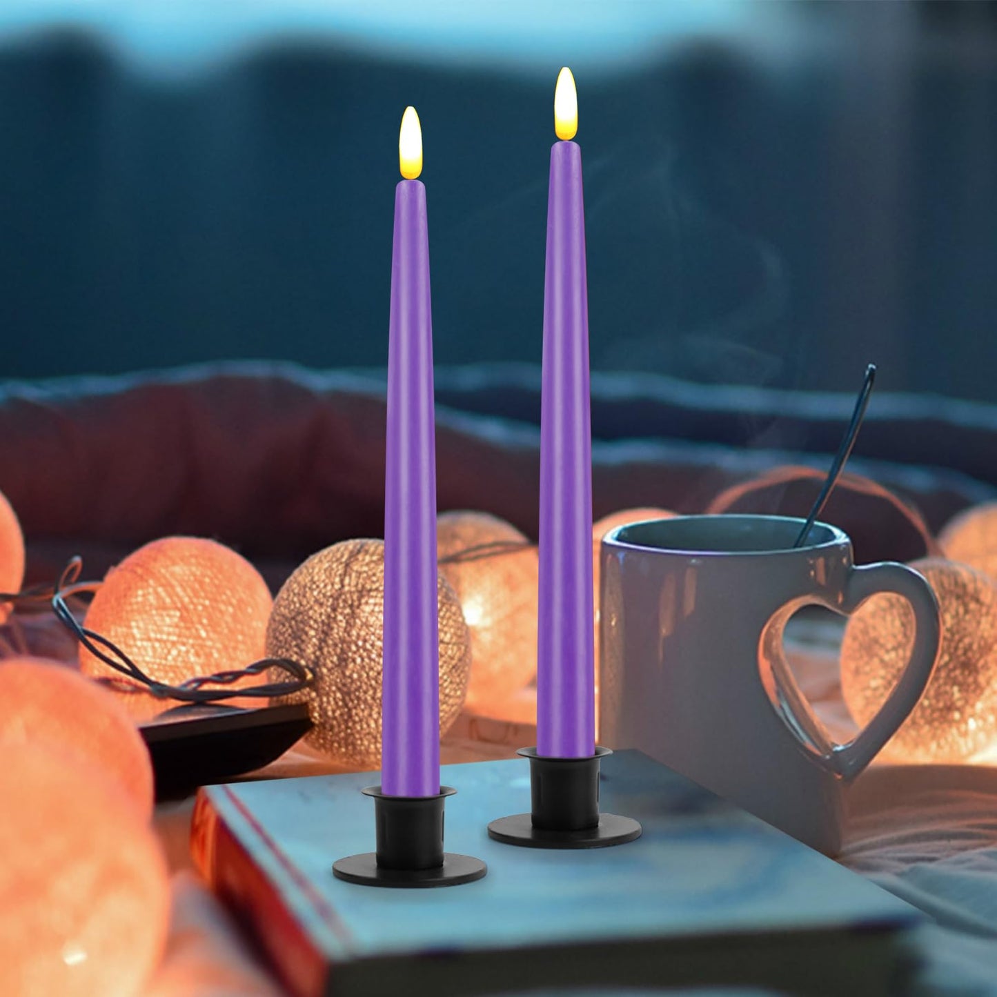 CVHOMEDECO. Flameless Taper Candles with 10-Key Remote, Battery Operated Led Flickering 3D Wick Window Candles Real Wax Finished Home Christmas Party Decor 0.78 x 11 Inch, Pack of 2, Purple