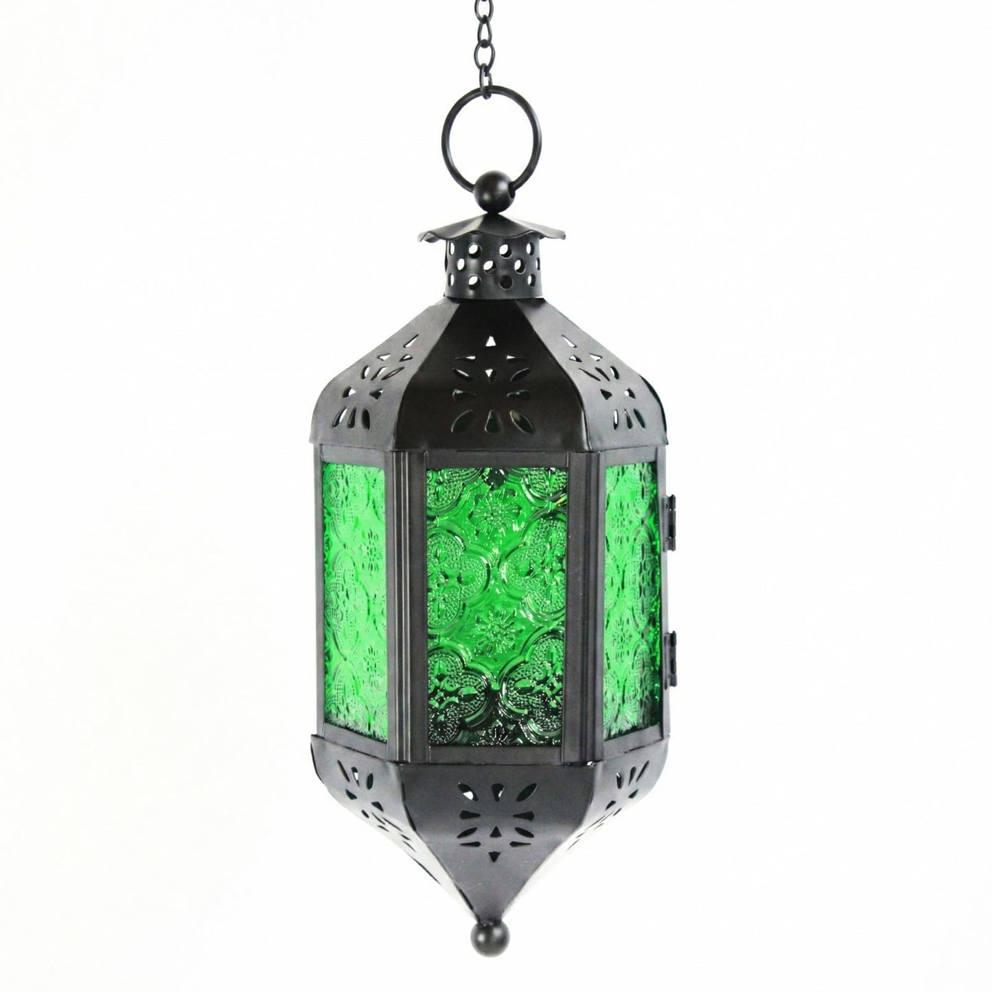 Vela Lanterns Hanging Moroccan Lamp - Exotic Decorative Patio & Porch Decor, Indoor Outdoor Tea Light Candle Lantern Holder with Chain (11" Medium, Green Glass)