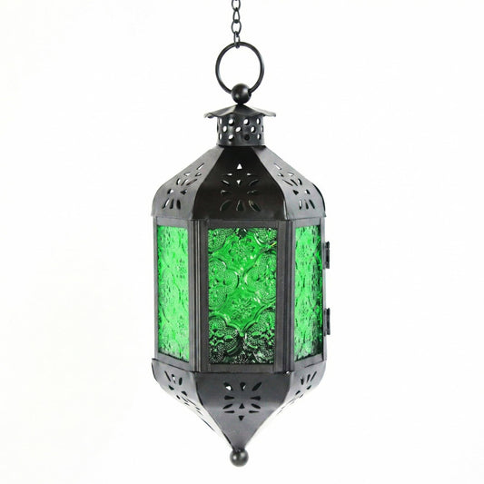 Vela Lanterns Hanging Moroccan Lamp - Exotic Decorative Patio & Porch Decor, Indoor Outdoor Tea Light Candle Lantern Holder with Chain (11" Medium, Green Glass)
