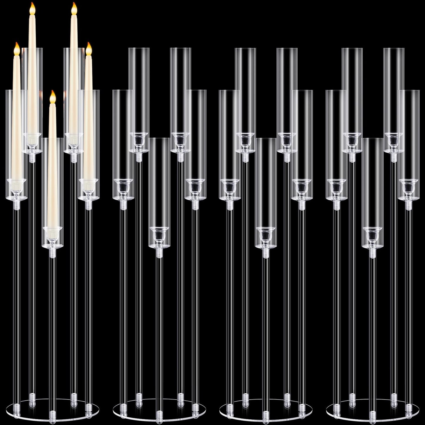 Barydat 4 Pcs Acrylic Candelabra Centerpieces Clear Taper Candle Candlestick Holder Crystal 5 Arm Candlesticks Holder with Acrylic Shade Pillar Fit 0.87" LED Candle for Wedding Dinner Party (Clear)