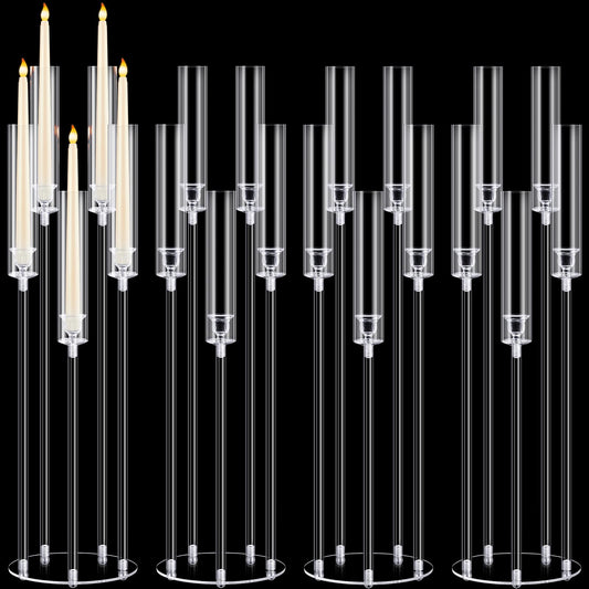 Barydat 4 Pcs Acrylic Candelabra Centerpieces Clear Taper Candle Candlestick Holder Crystal 5 Arm Candlesticks Holder with Acrylic Shade Pillar Fit 0.87" LED Candle for Wedding Dinner Party (Clear)