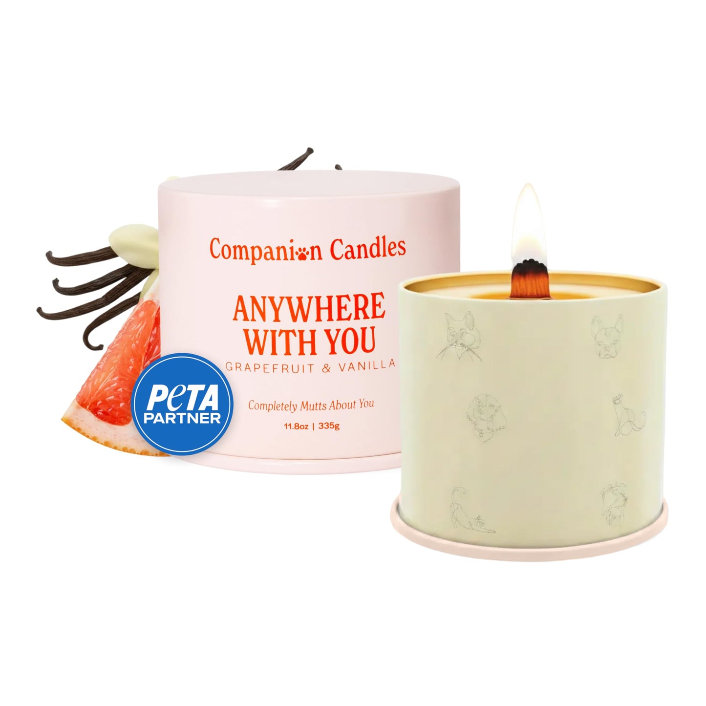 Companion Candles Anywhere with You Pet-Friendly Scented Candle – Grapefruit & Vanilla Fragrance - Coconut Soy Wax Candle with Wooden Wick, Approx. 50-Hour Burn Time, Made in USA, 11.8 oz