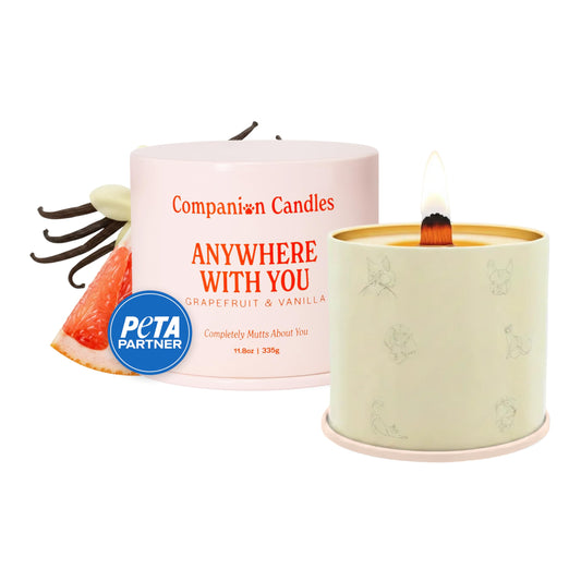 Companion Candles Anywhere with You Pet-Friendly Scented Candle – Grapefruit & Vanilla Fragrance - Coconut Soy Wax Candle with Wooden Wick, Approx. 50-Hour Burn Time, Made in USA, 11.8 oz