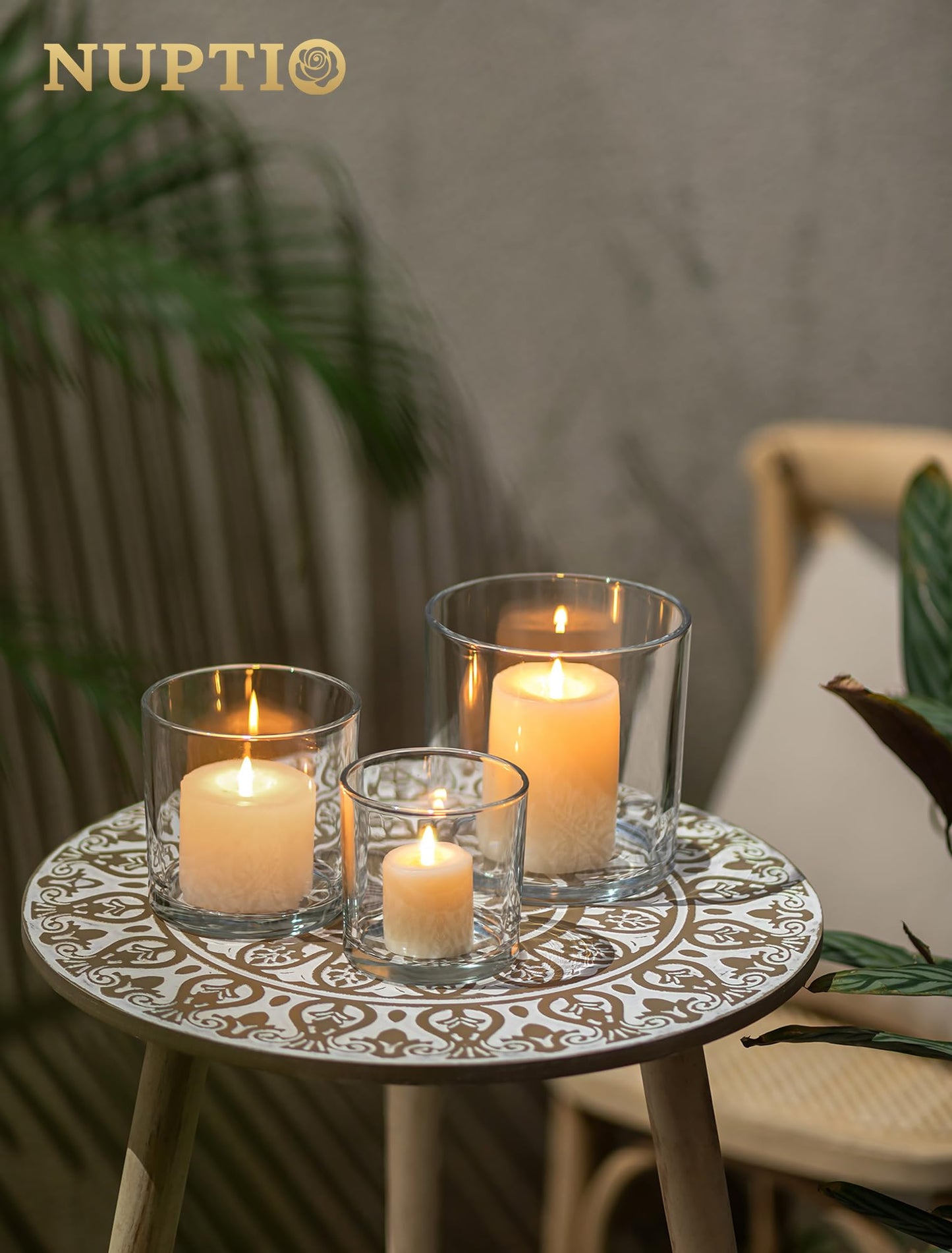 NUPTIO Hurricane Glass Candle Holders: Set of 3 Thick Glass Large Pillar Candle Holder - Clear Vases for Wedding Table Centerpieces Decor