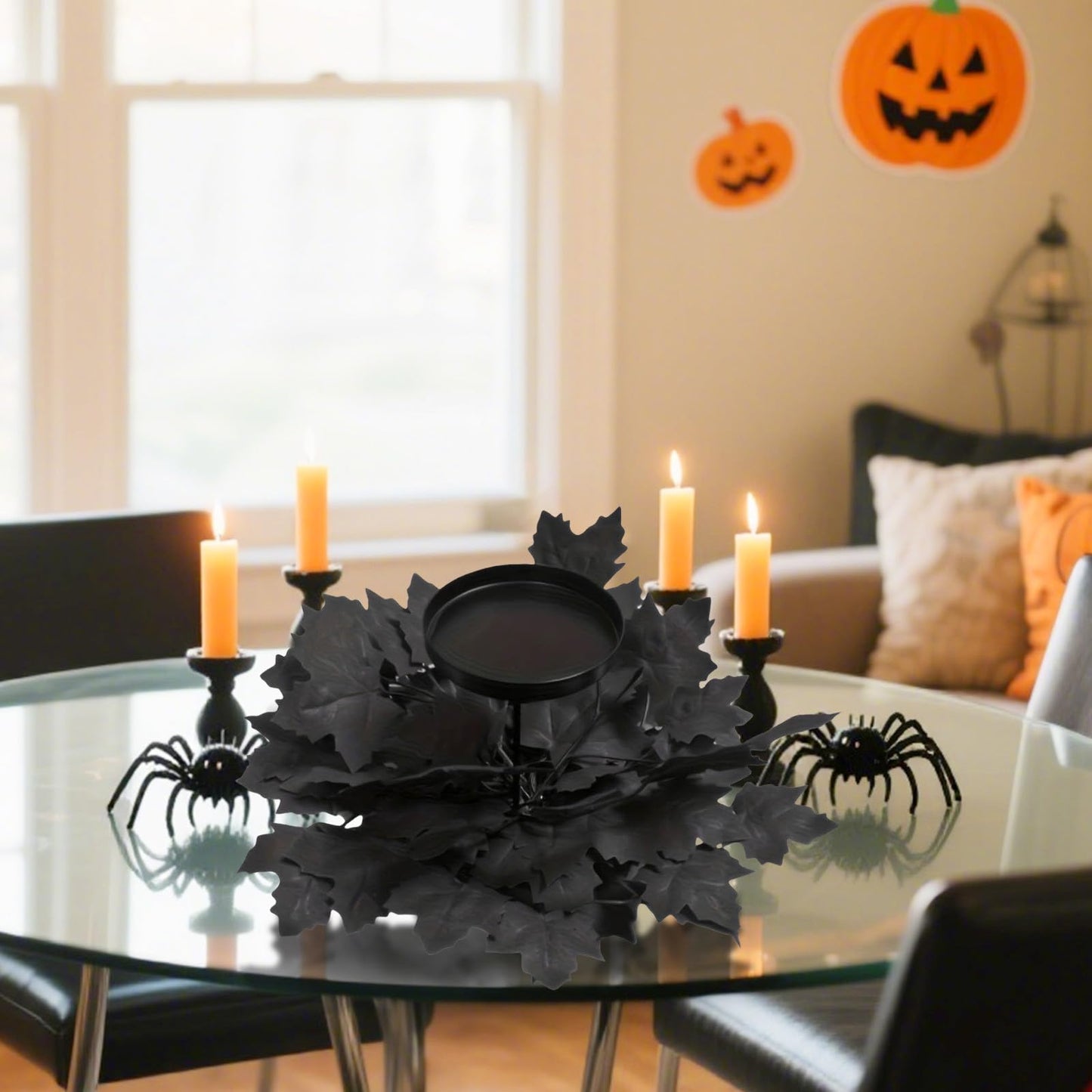 Mini Halloween Wreaths with Plastic Candle Holder, 5.5" Artificial Black Maple Leaves Candle Wreath Floral Twig Candleholder Wreath for Table Centerpieces Decorations
