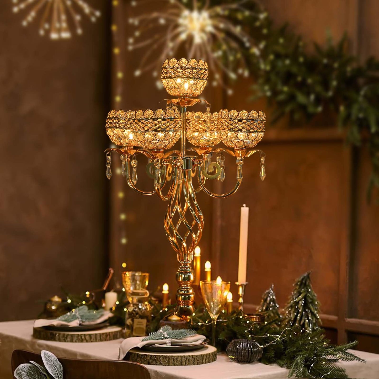 Elegant 5-Arm Candelabra Centerpiece with Crystal Pendants - 23.6 Inch Tall Table Centerpiece for Weddings, Parties, Home Decor for Mother’s Day, Holidays & Special Occasions (1, Gold)