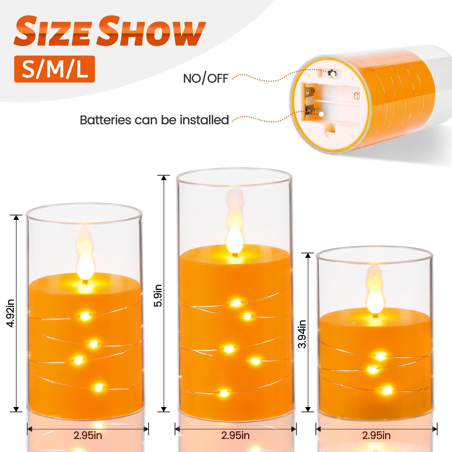 Da by 3 Pack Orange Transparent Acrylic Flameless Taper Candles, Flickering Black Wick LED Candles with Fairy String Lights, Heat Resistant ABS Candles with Remote for Indoor Outdoor Decor