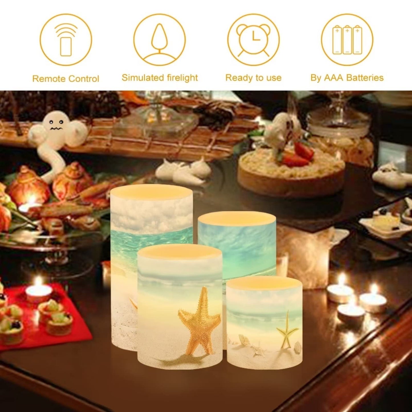 NETILGEN LED Flickering Candles Battery Operated Candles Set of 4 with Remote Control Timer Dancing Flame Pillar Candles Home Table Coastal Decoration, Beach Coastal