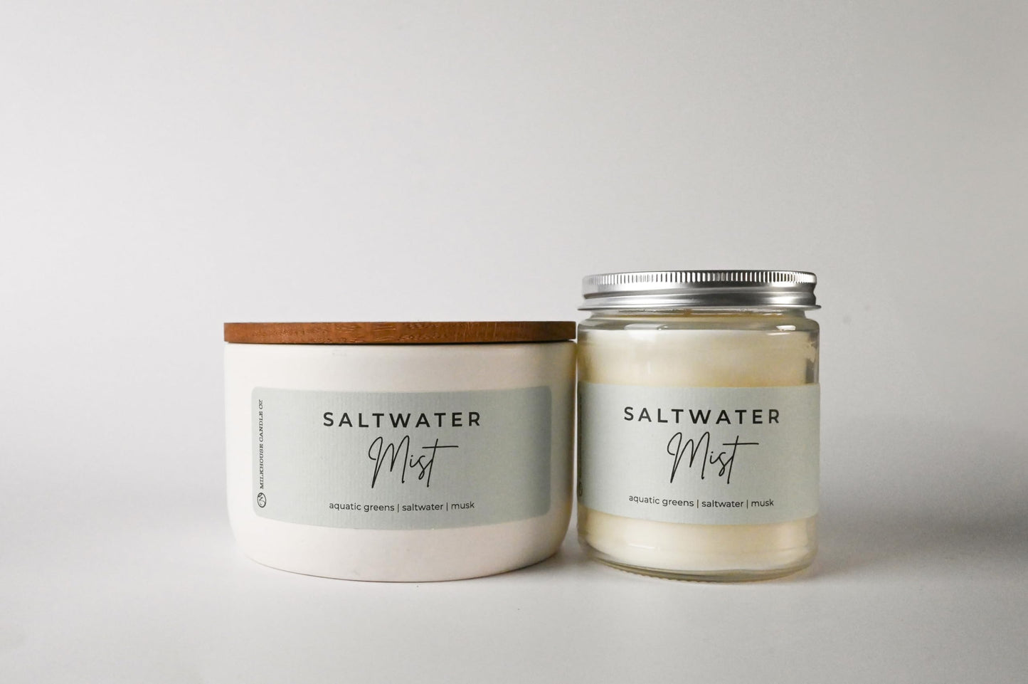 Milkhouse Candle Company Saltwater Mist Soy Candle - Aquatic Greens | Saltwater | Musk Scented - 10 oz Signature Statement with Lid, 20+ Hour Burn Time, Made in the USA