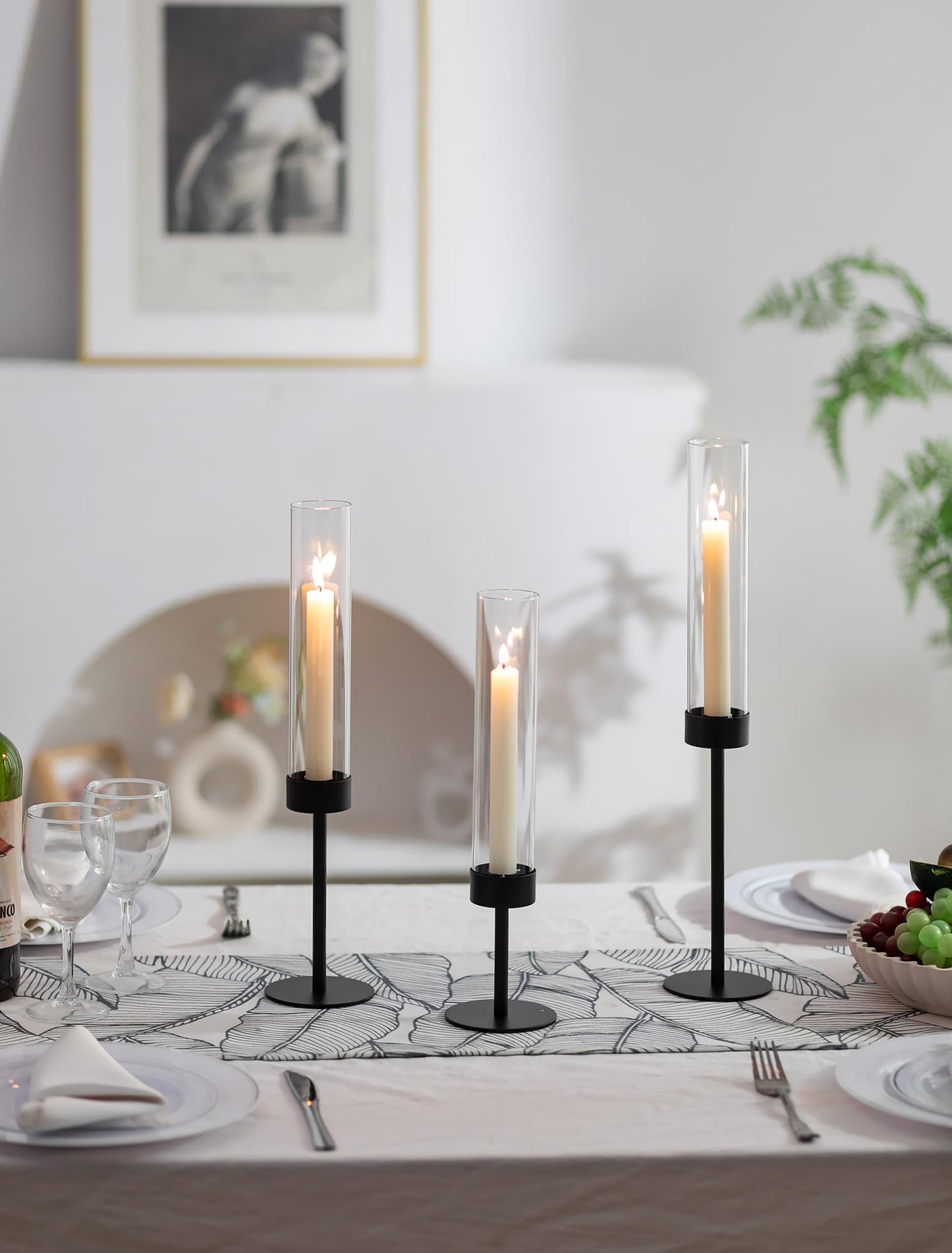 Romadedi Black Candlestick Holders Hurricane - Metal Taper Candle Holder Bulk Tall Windproof Glass Cylinder for Indoor Outdoor Table Centerpiece Christmas Halloween Modern Home Decor Set of 6