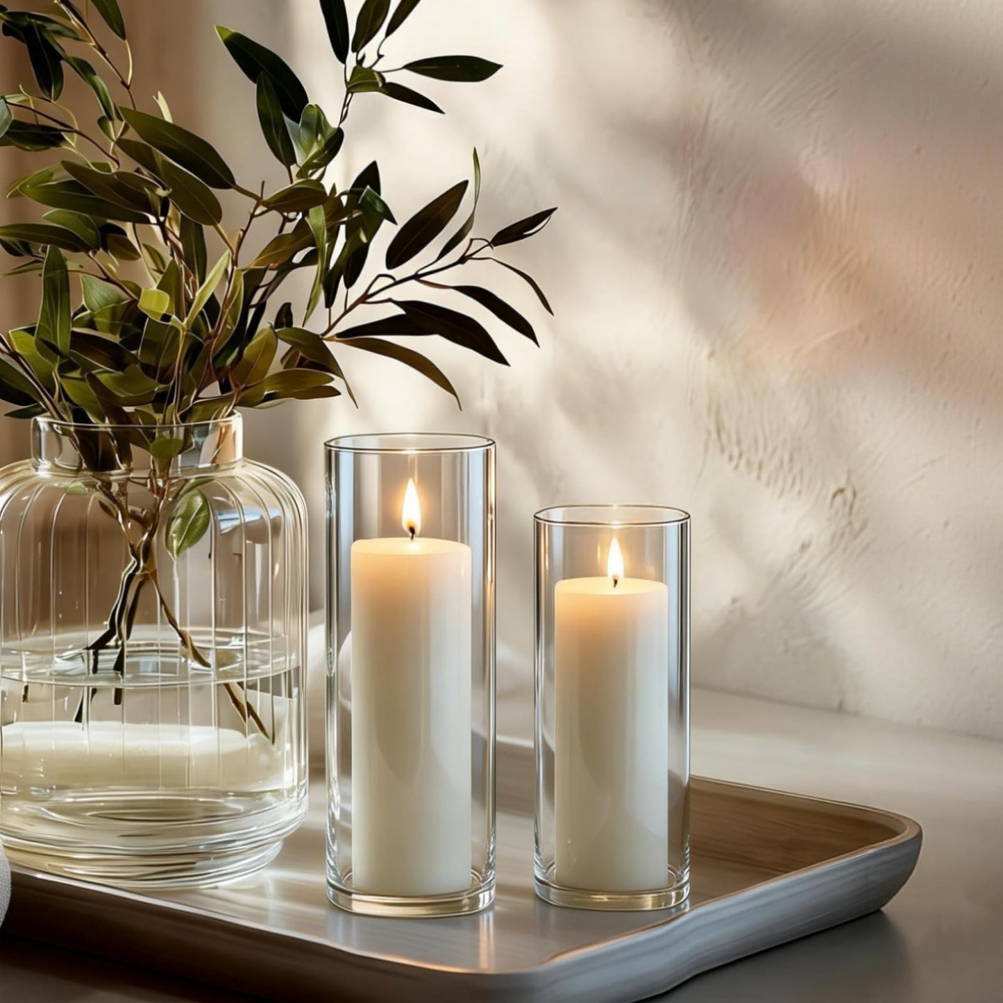 PNJHDZ 24 Pcs White Pillar Candles and Glass Candle Holders Cylinder Candle Vases for Pillar Candles Hurricane Candle Holders Set for Wedding Party, Event, Home Office Decor
