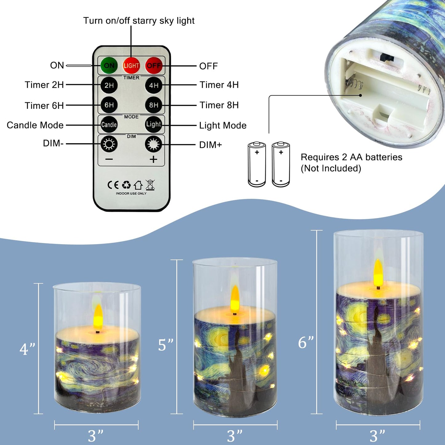 NjaoHoo Flickering Flameless Candles, Recessed String Light LED Candles Acrylic Battery Operated LED Pillar Candles Van Gogh Art Painting Style for Home Decor Set of 3(Starry Night Printed)