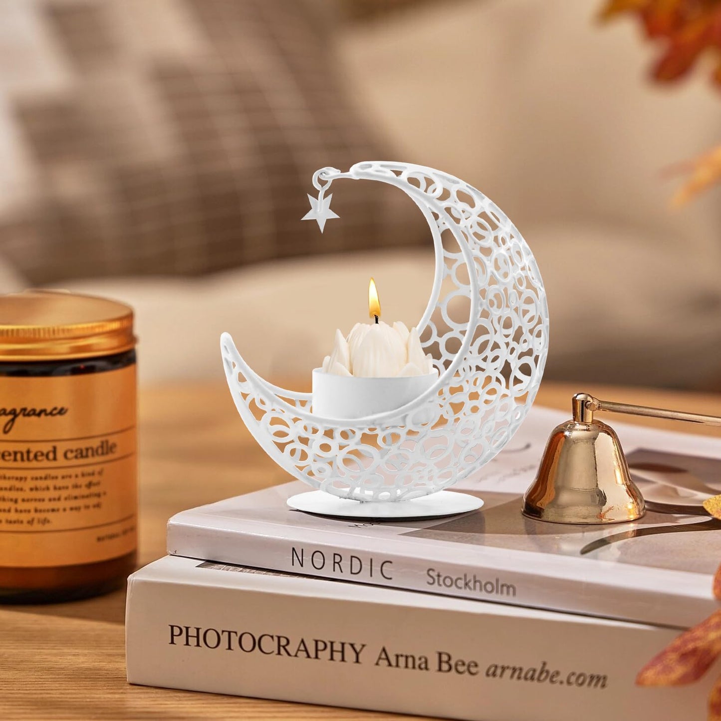 MrMrKura Moon Candle Holders Set of 2, Metal Tealight Candle Holder for Table Centerpiece Decorative Votive Candlesticks Holder for Party Home Decor (White)