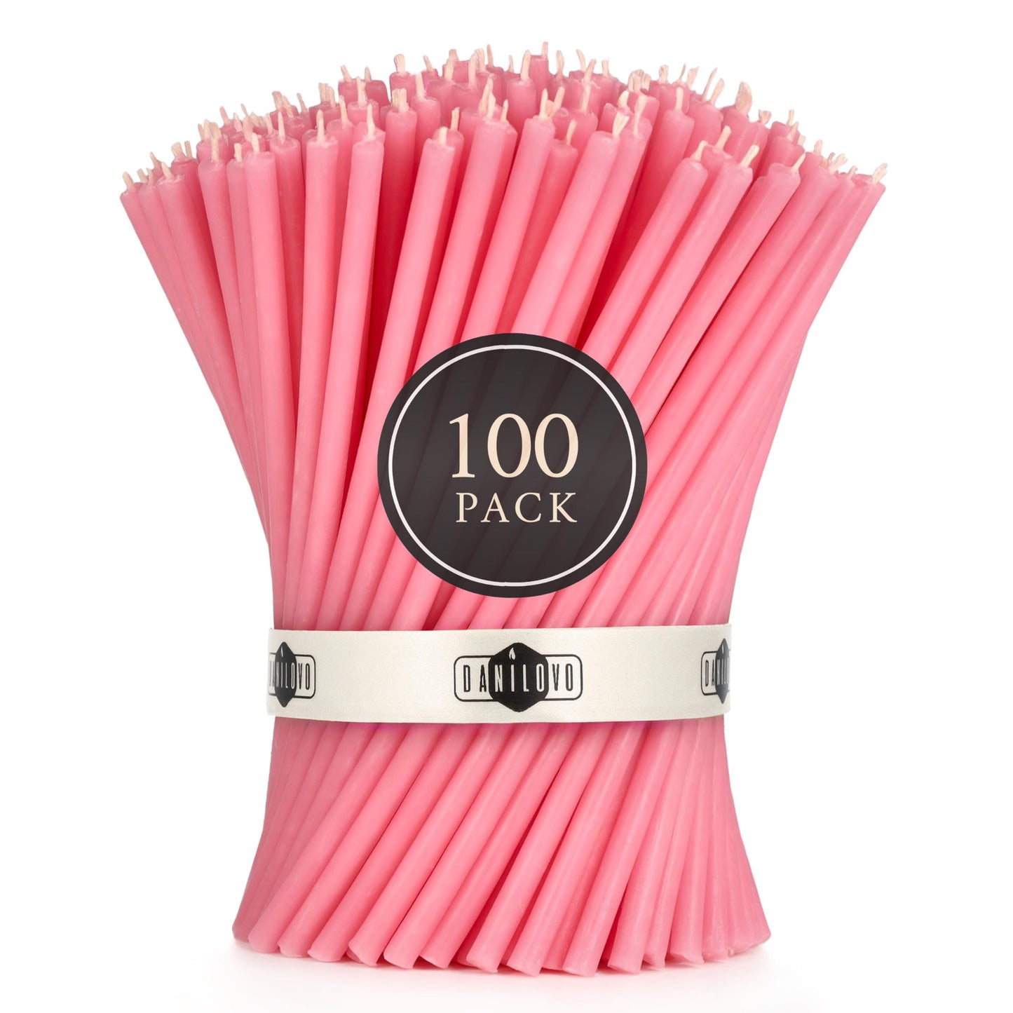 Danilovo Thin Taper Beeswax Candles - No-Drip, Smoke-Less, Tall, Decorative, Honey Scented Candles Ideal for Church Prayer, Rituals, Decor or Birthday – 6.3”x0.2” (Pink, 100pcs)
